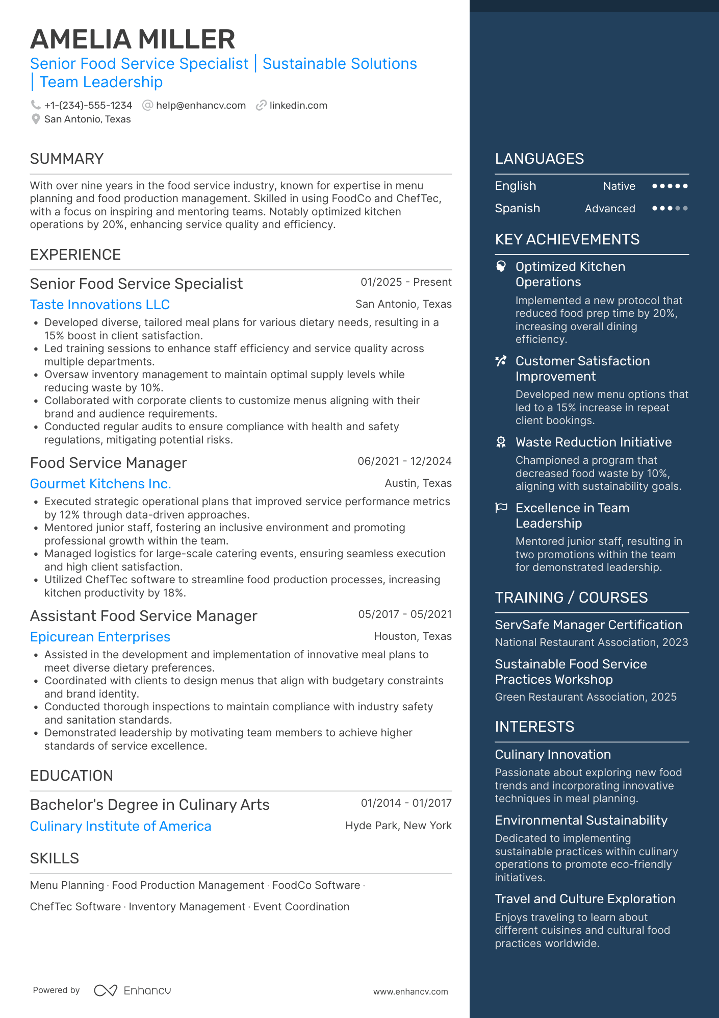 Senior Food Service Specialist Resume Example