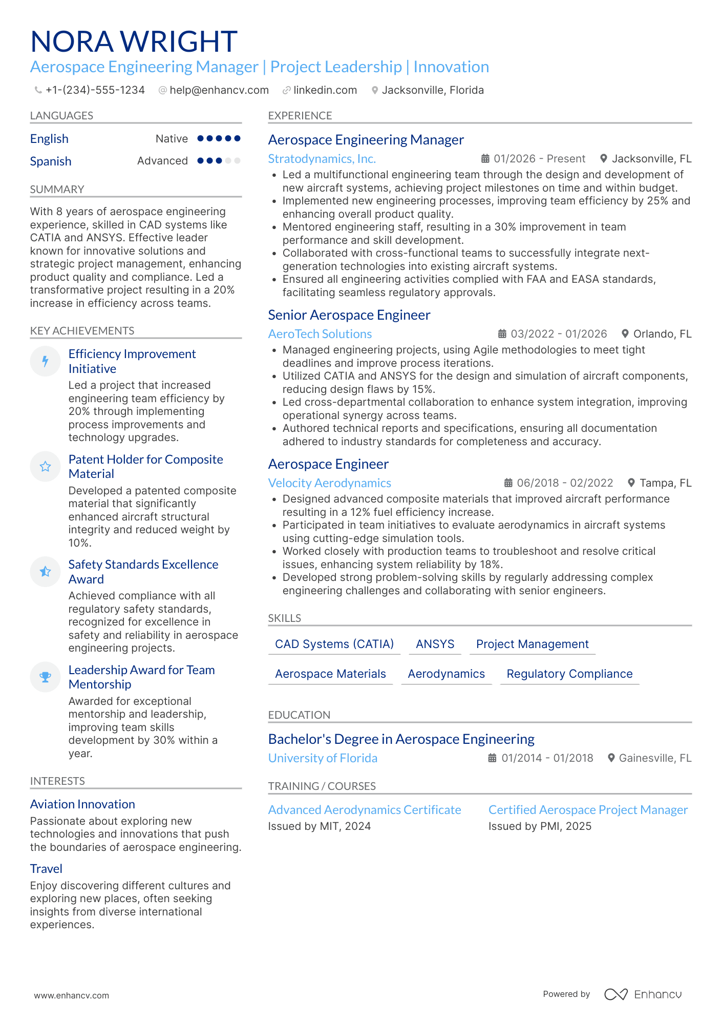 Aerospace Engineering Manager Resume Example