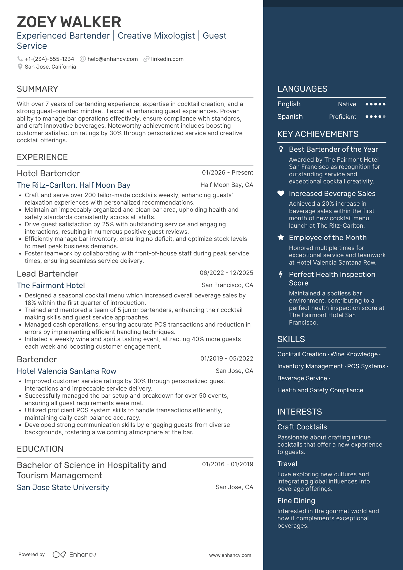 Hotel Bartender Resume Example