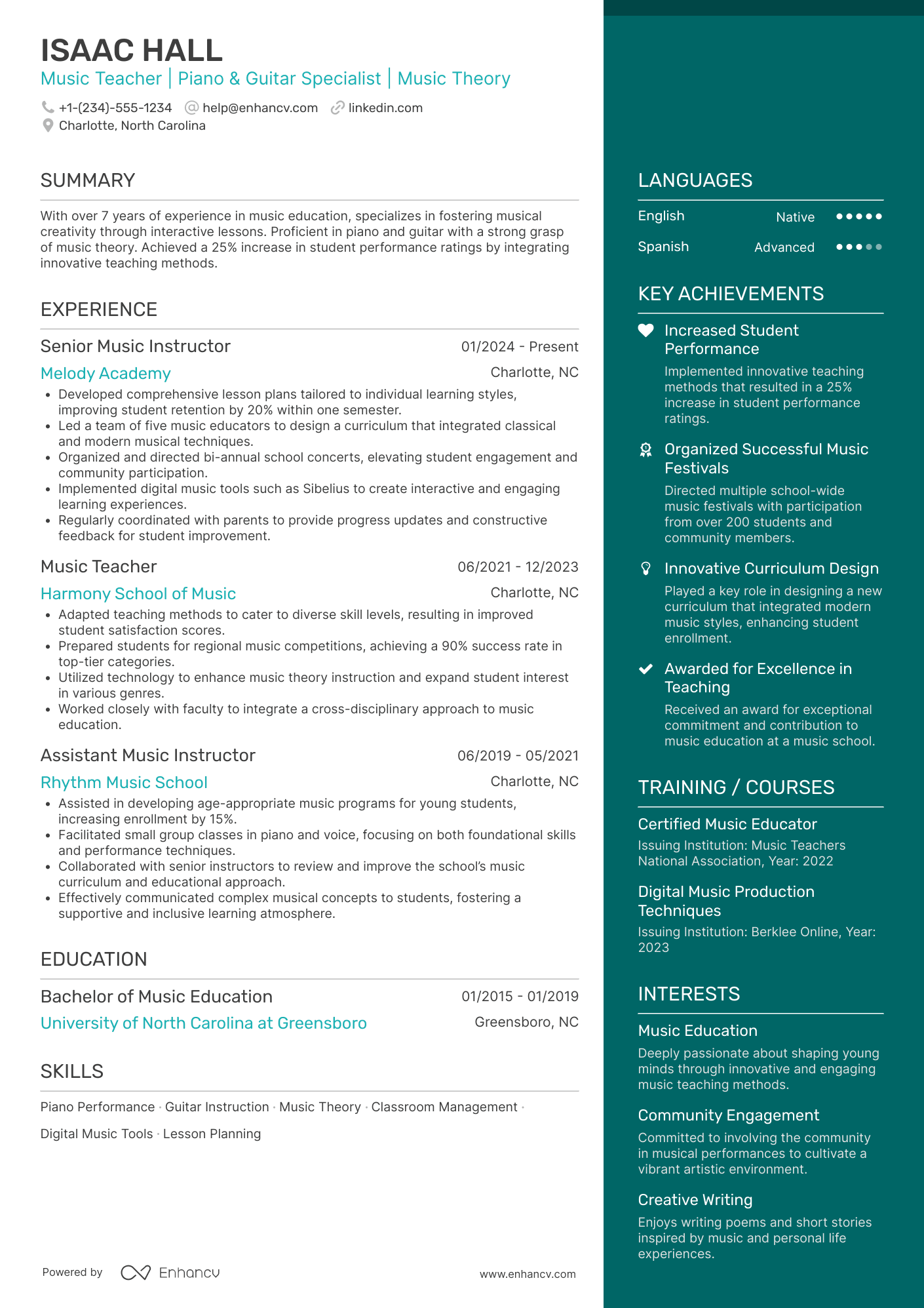 Music Teacher Resume Example