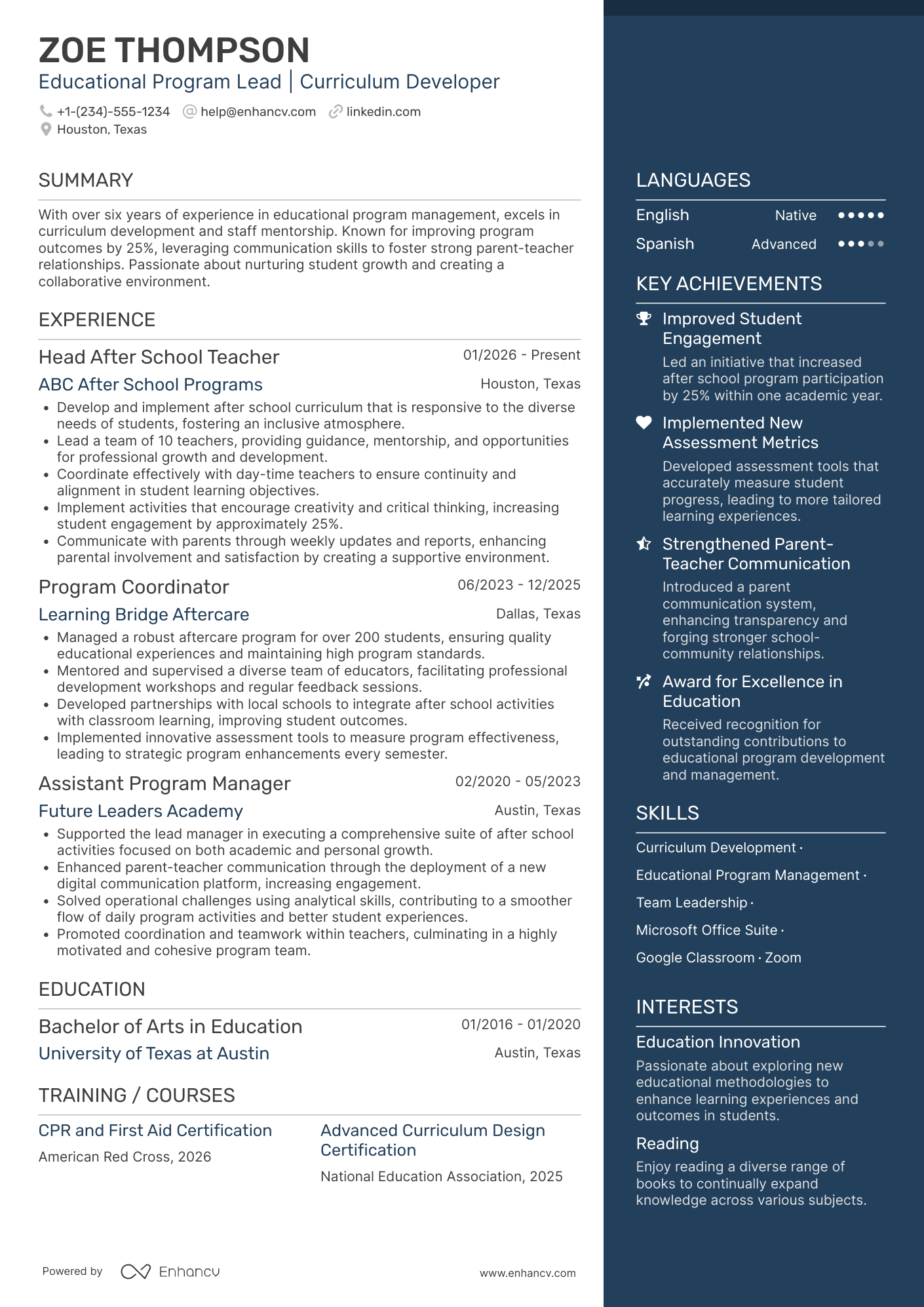 Head After School Teacher Resume Example