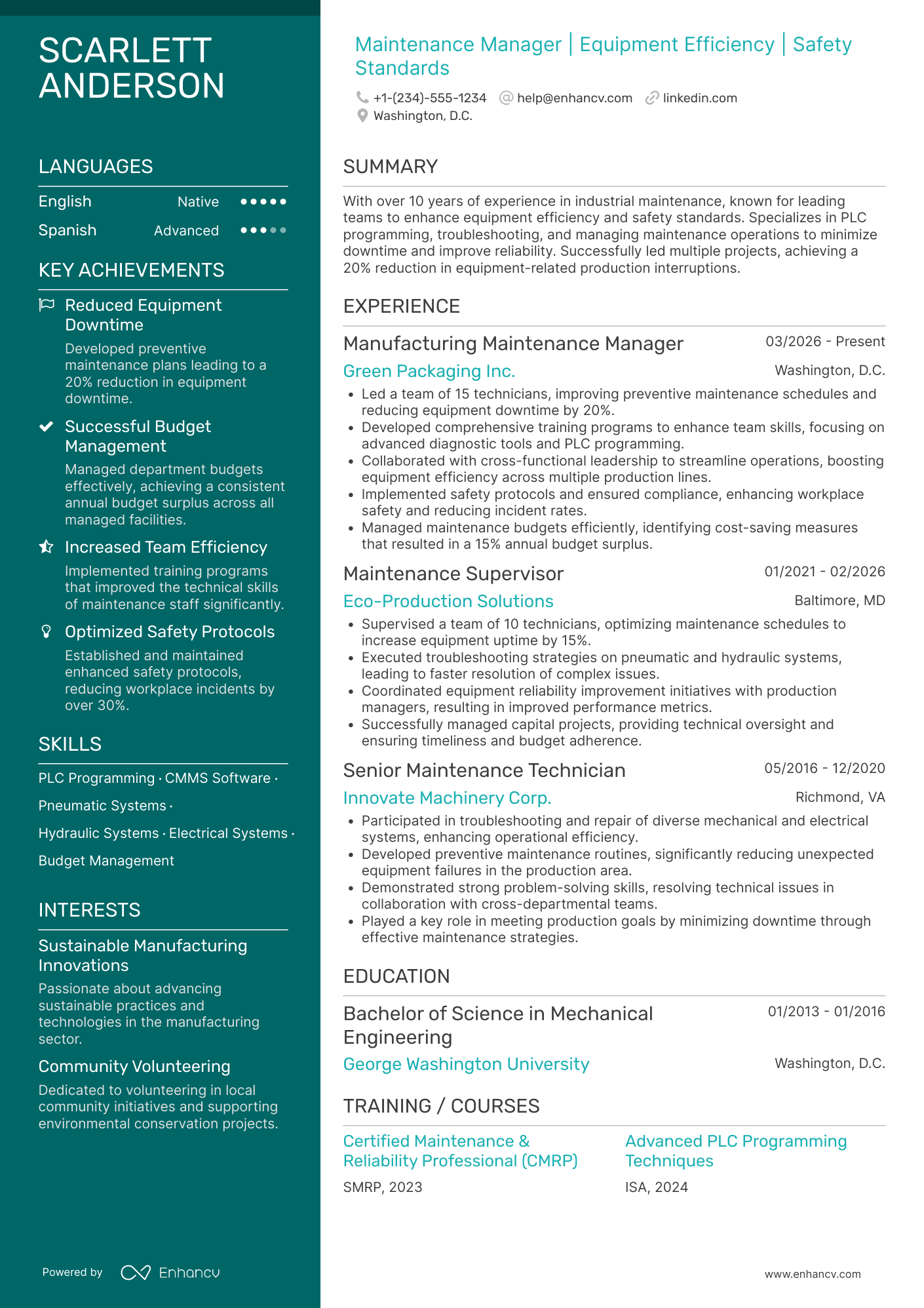 Manufacturing Maintenance Manager Resume Example