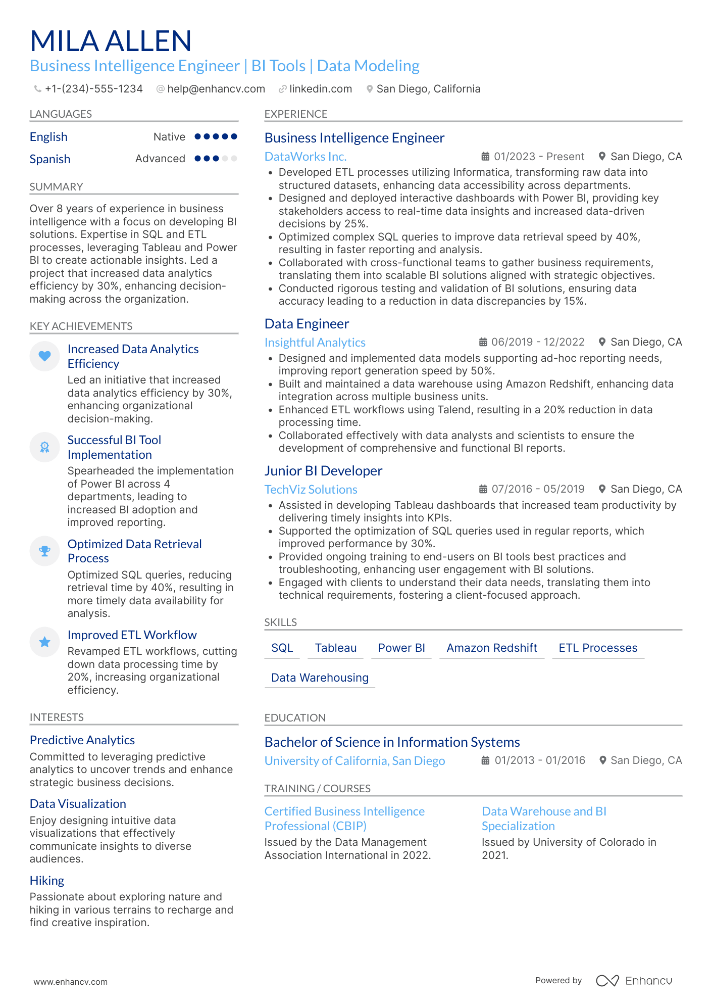 Business Intelligence Engineer Resume Example