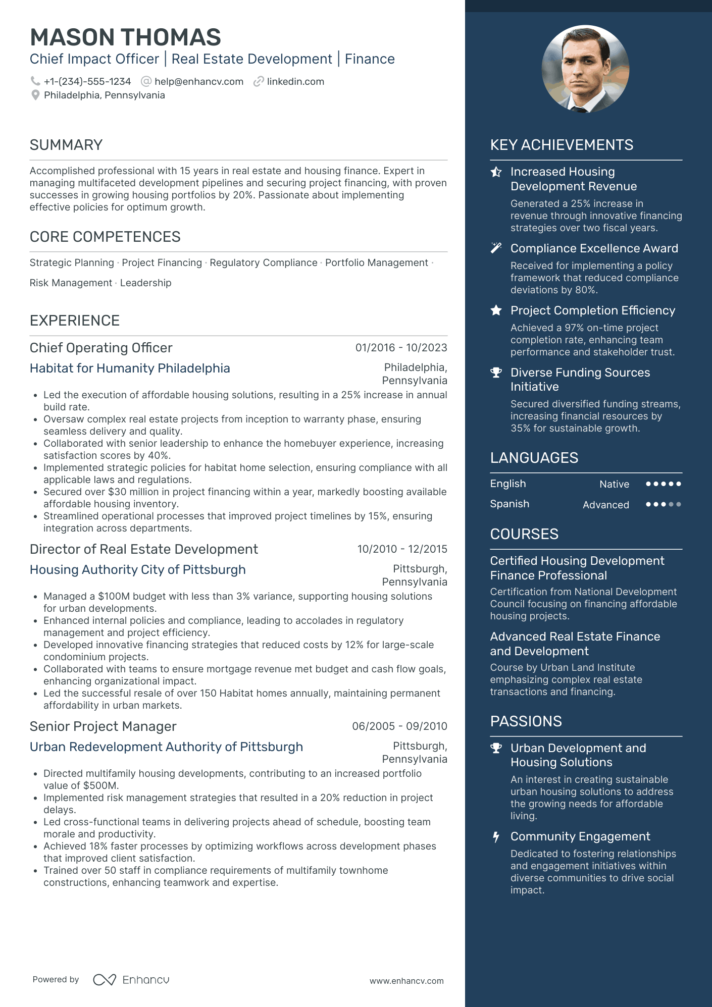 Chief Development Officer in Real Estate Resume Example