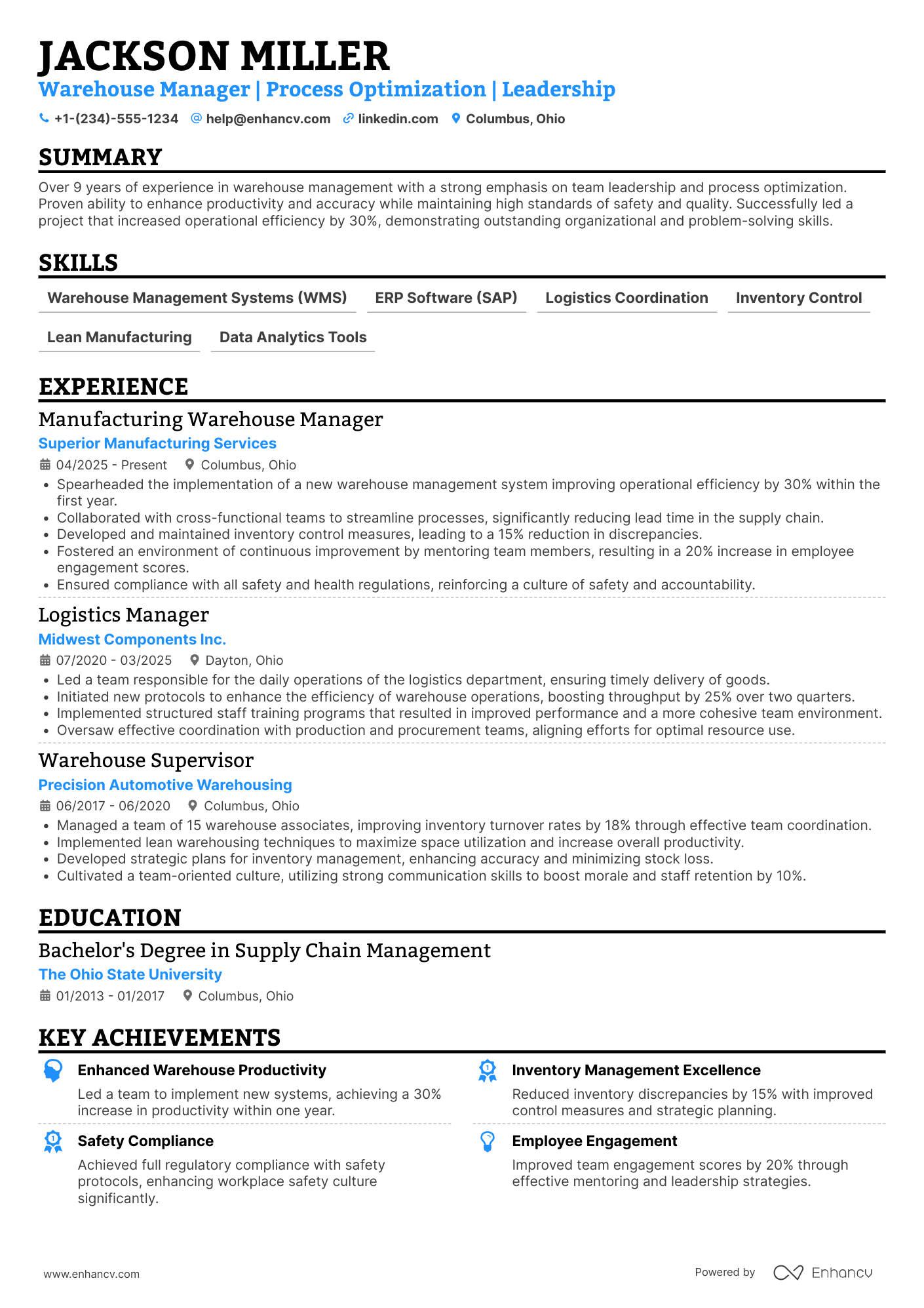 Manufacturing Warehouse Manager Resume Example