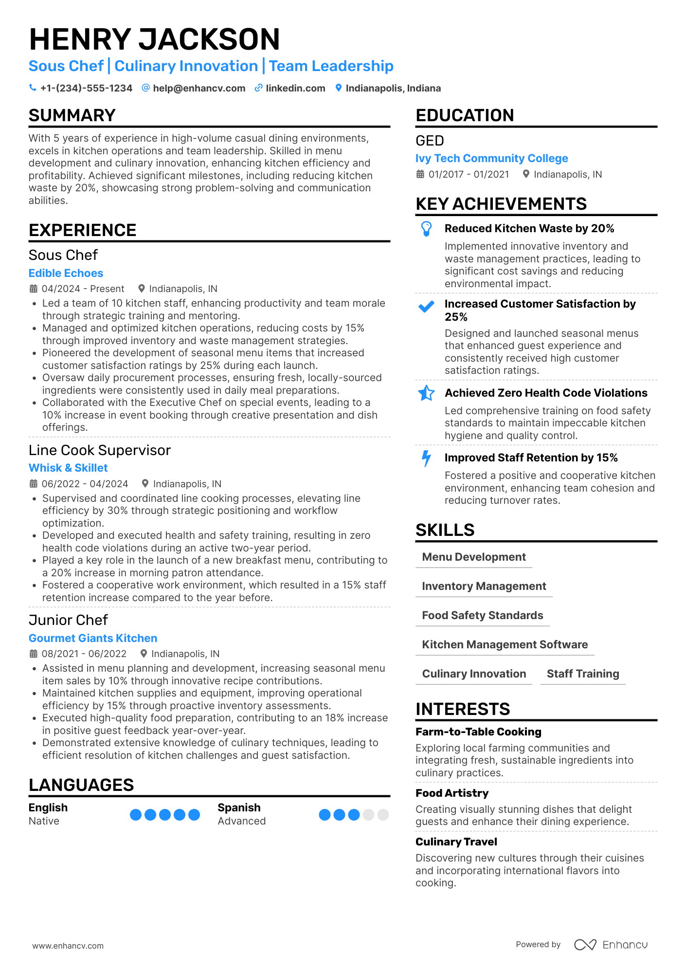 Casual Dining Sous Chef Resume Example