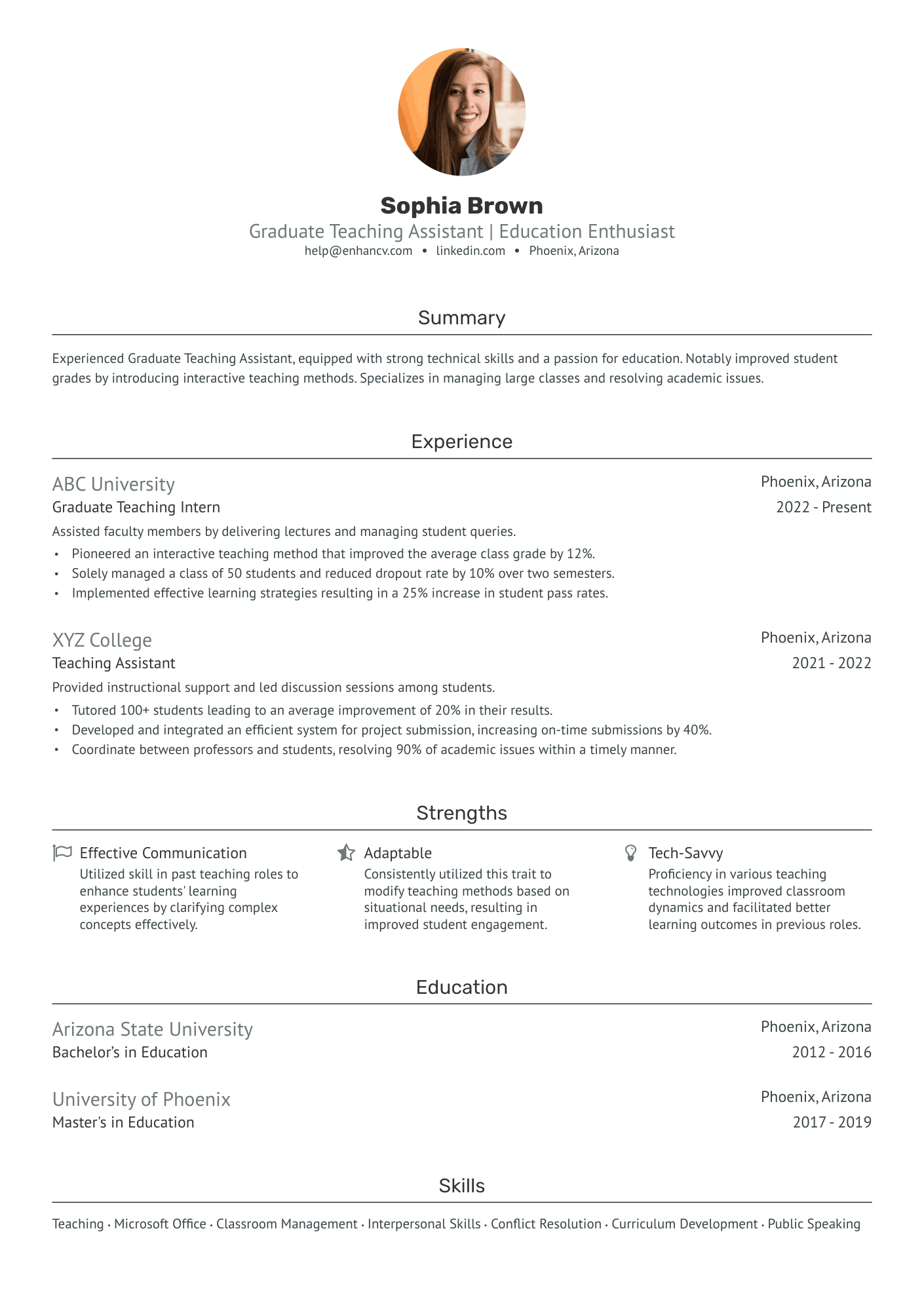 Graduate Teaching Assistant Resume Example