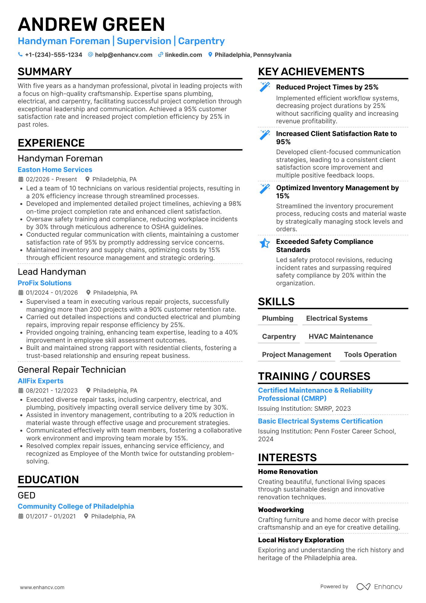Handyman Foreman Resume Example