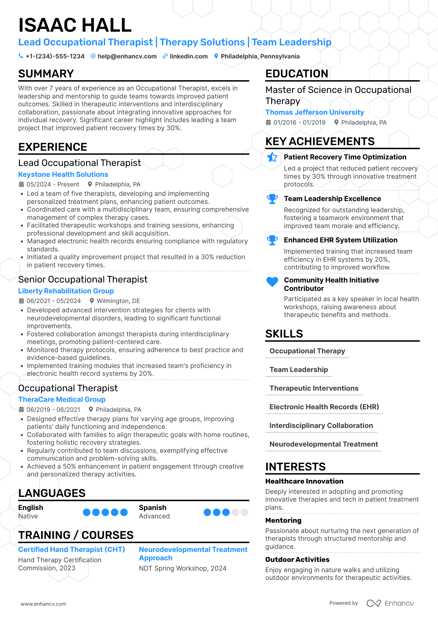 Lead Occupational Therapist Resume Example