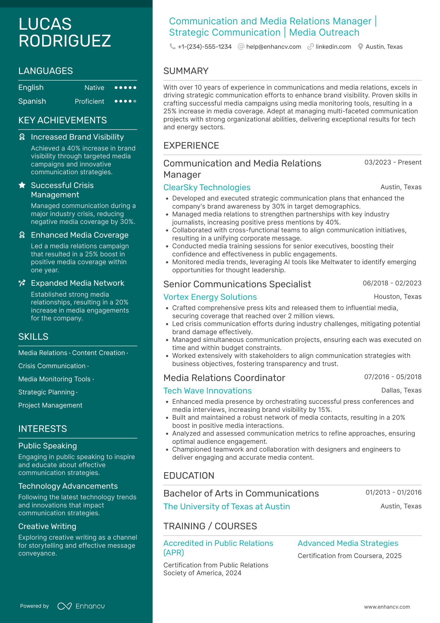 Communication and Media Relations Manager Resume Example