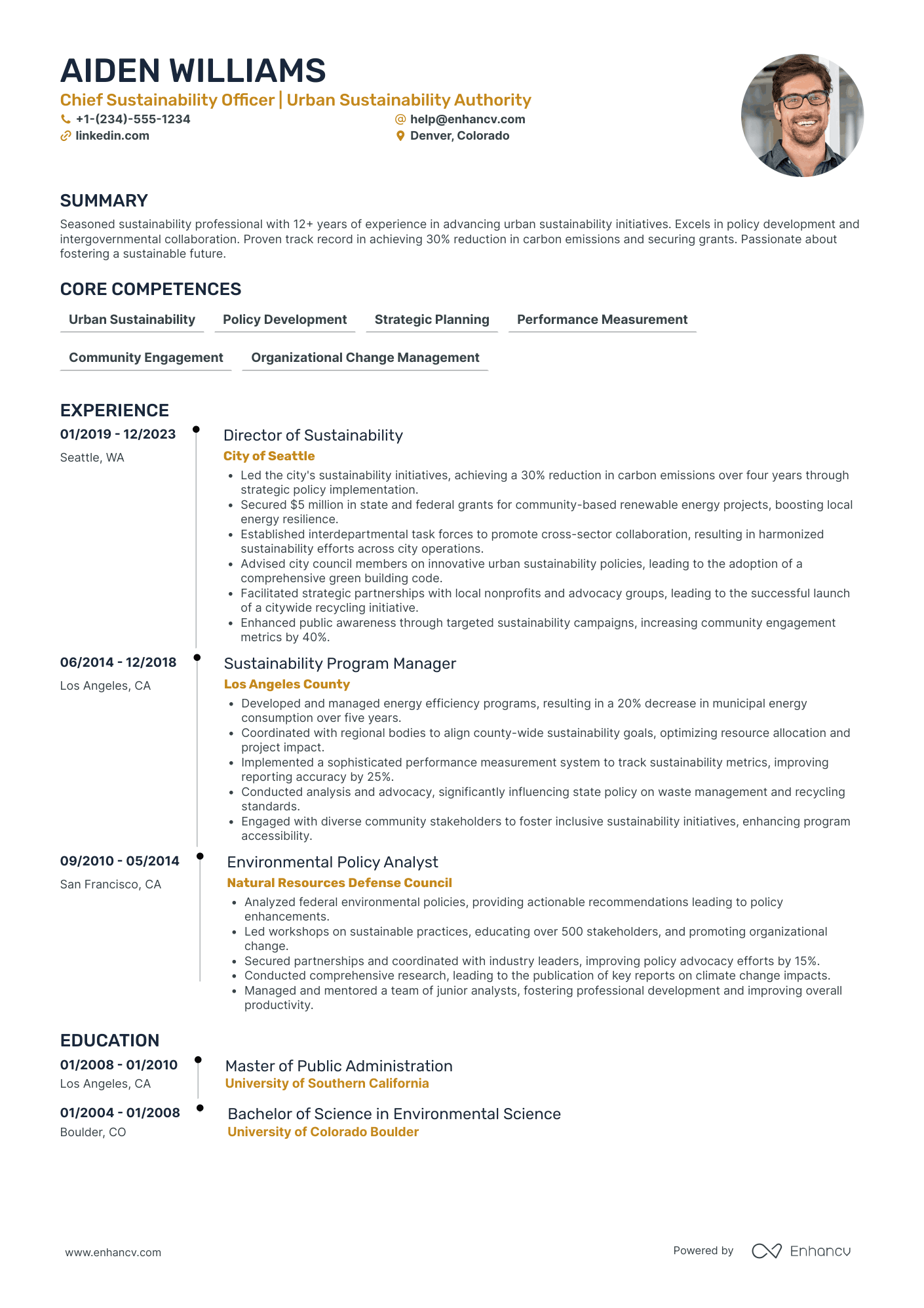 Deputy Chief Sustainability Officer Resume Example