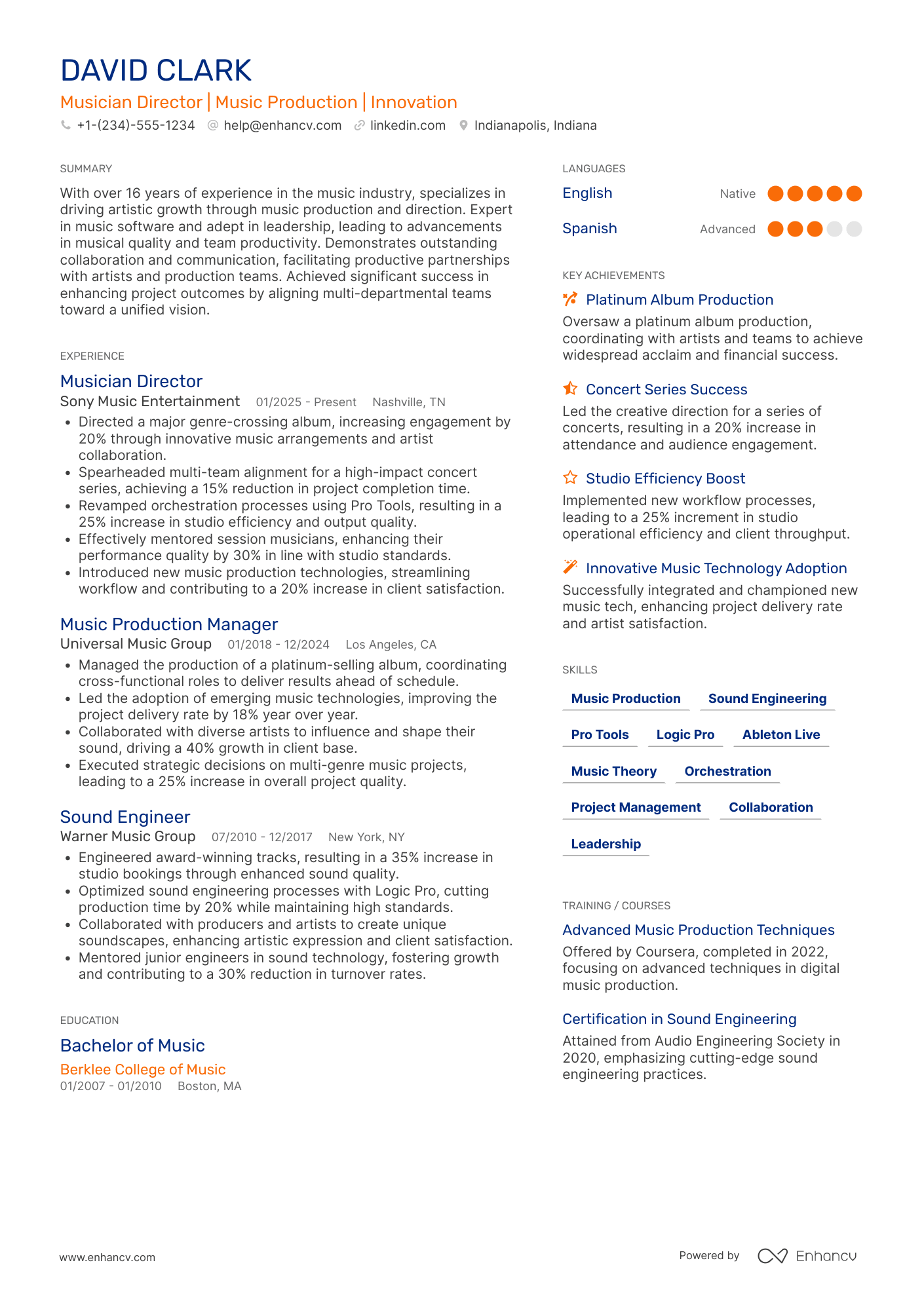 Musician Director Resume Example