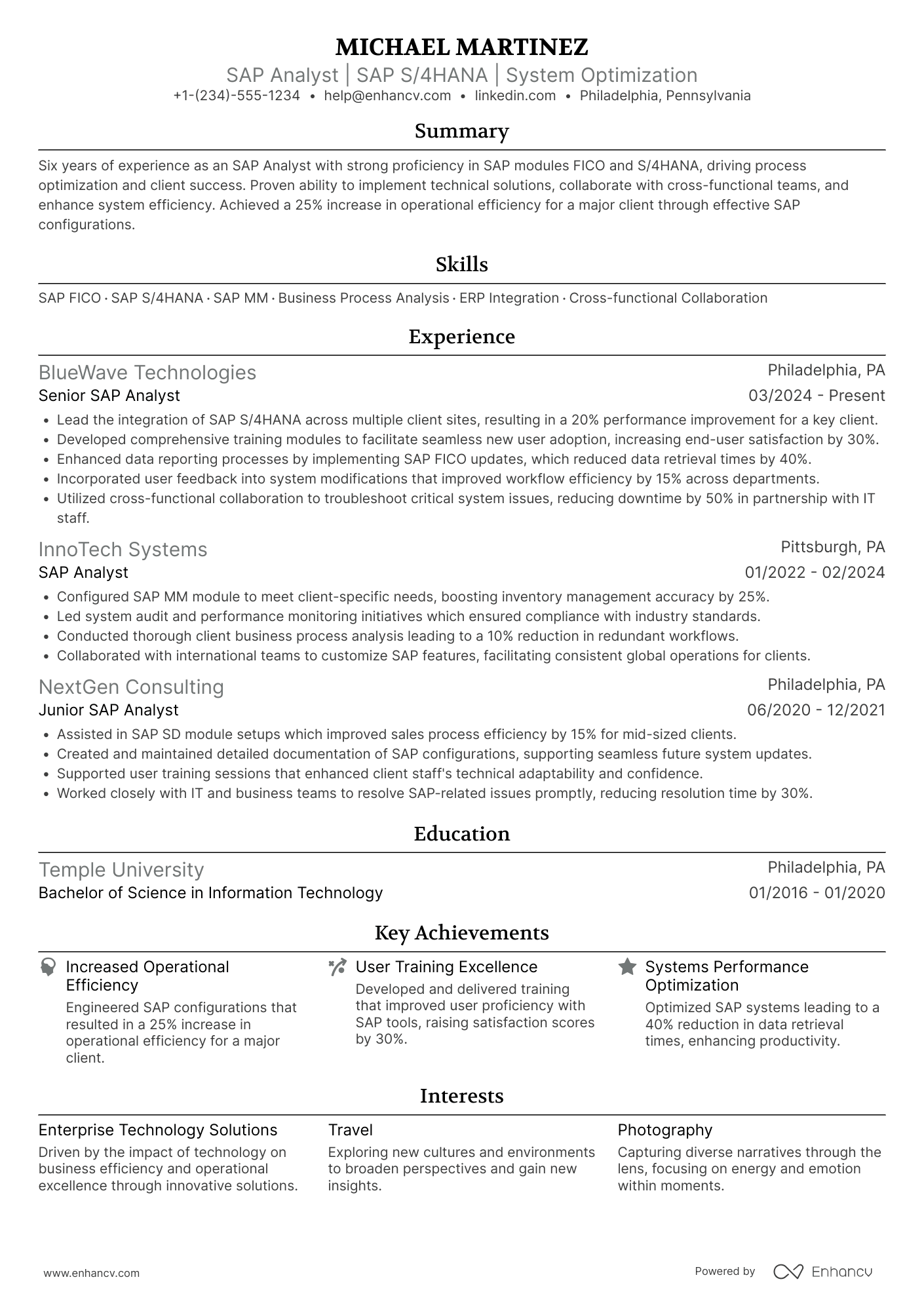 SAP Analyst Resume Example