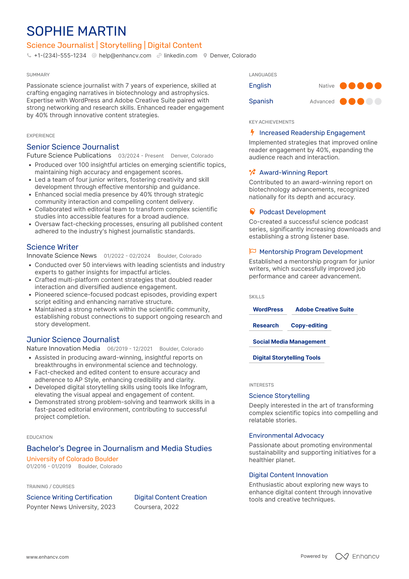 Science Journalist Resume Example