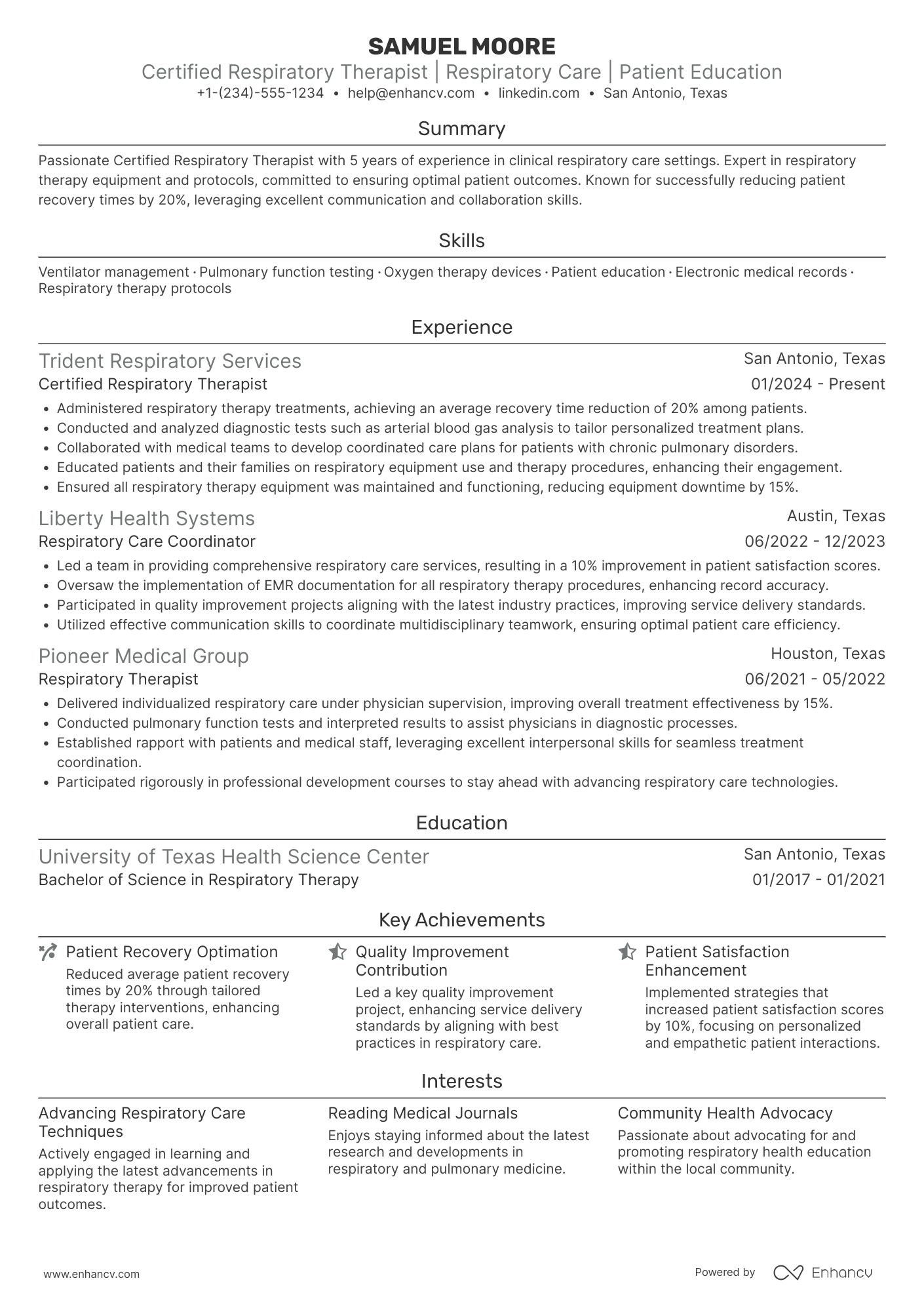 Certified Respiratory Therapist (CRT) Resume Example