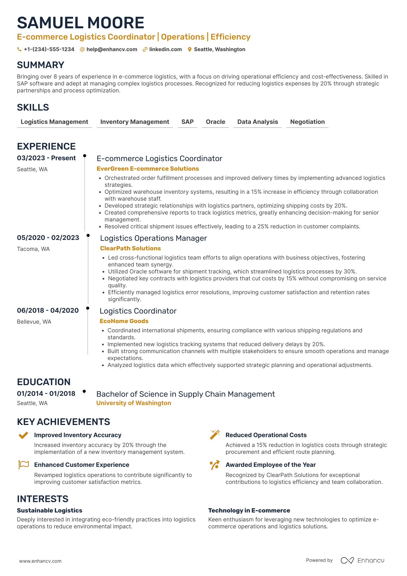 E commerce Logistics Coordinator Resume Example