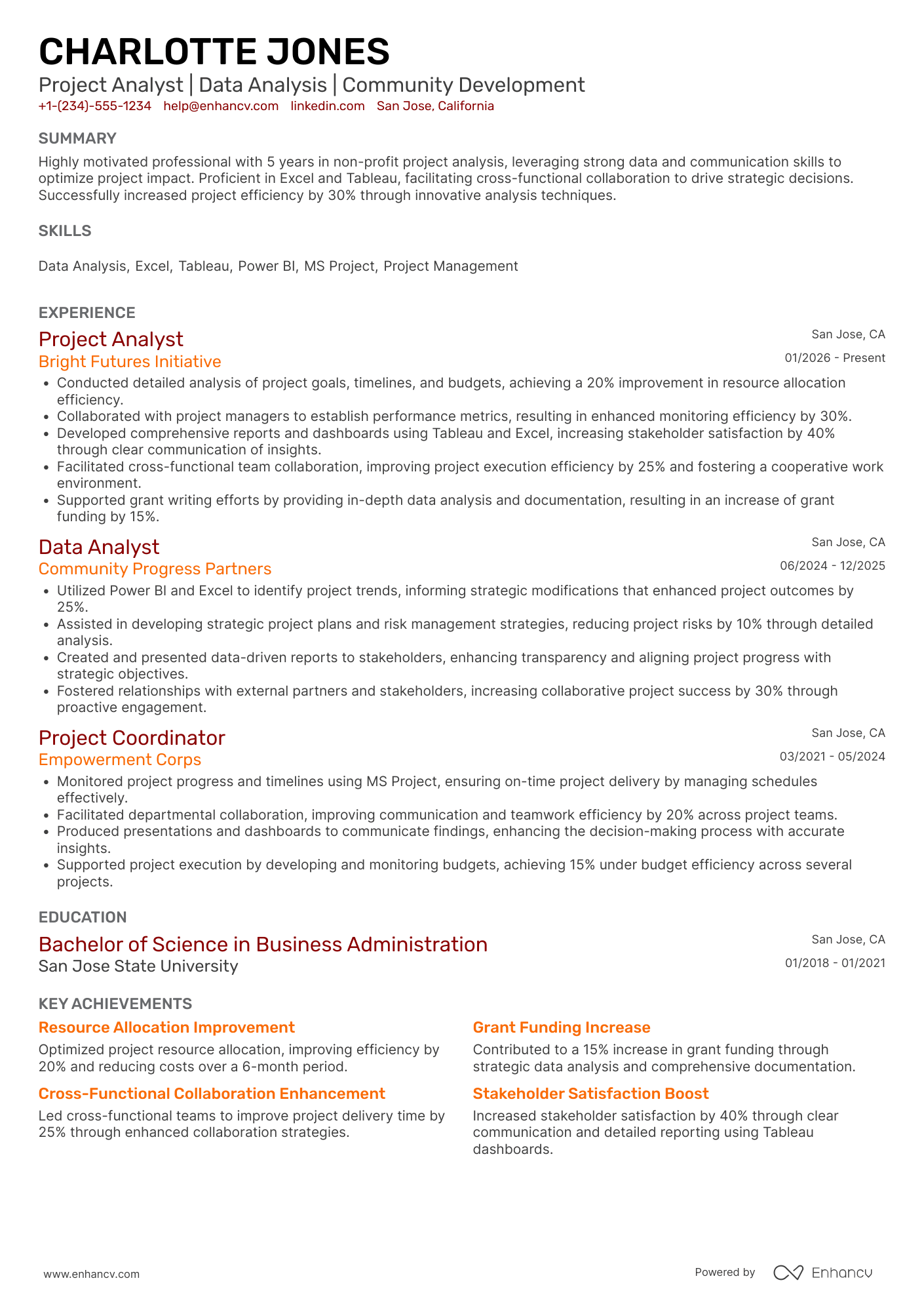 Non profit Project Analyst Resume Example