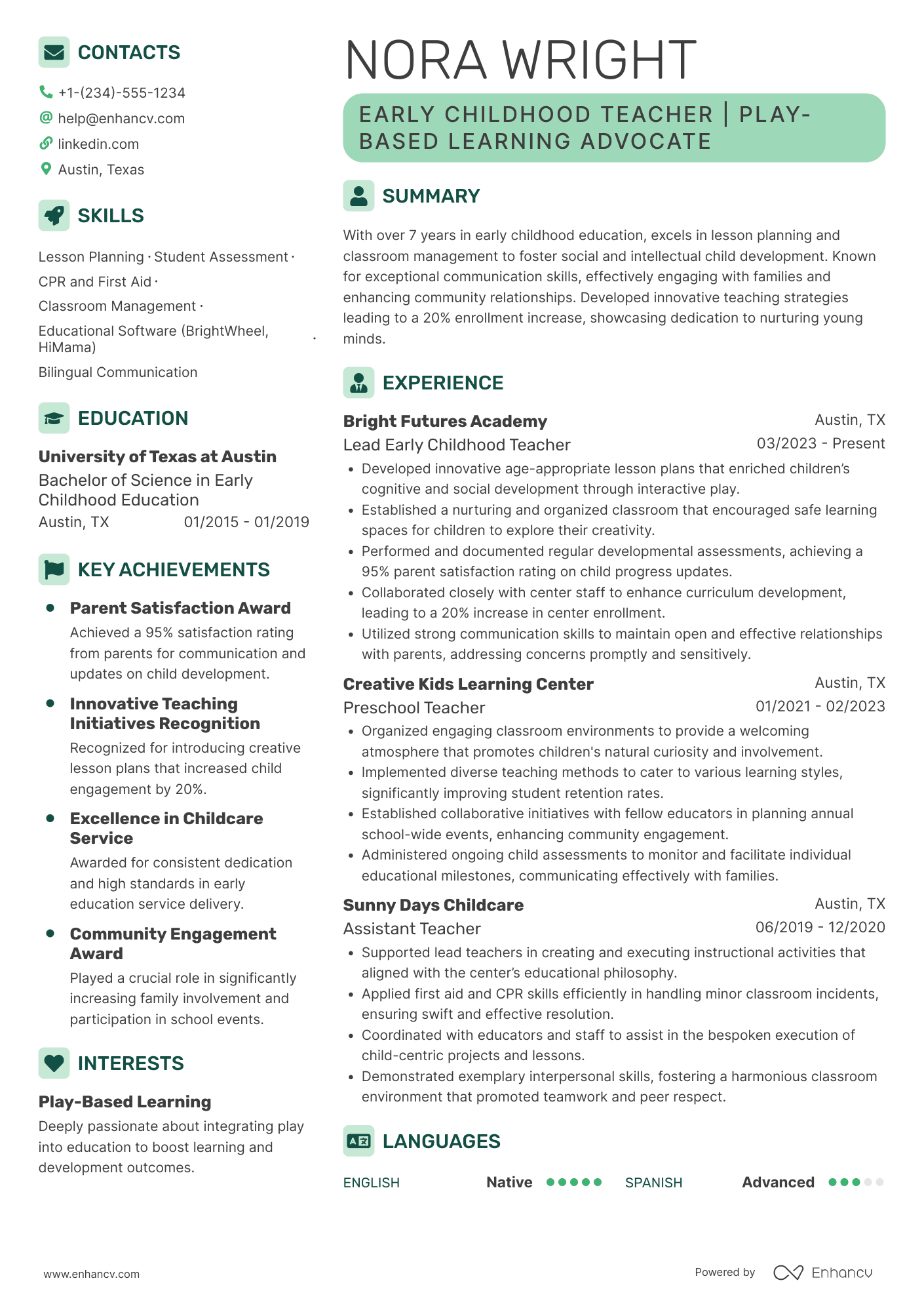 Early Childhood Teacher Resume Example