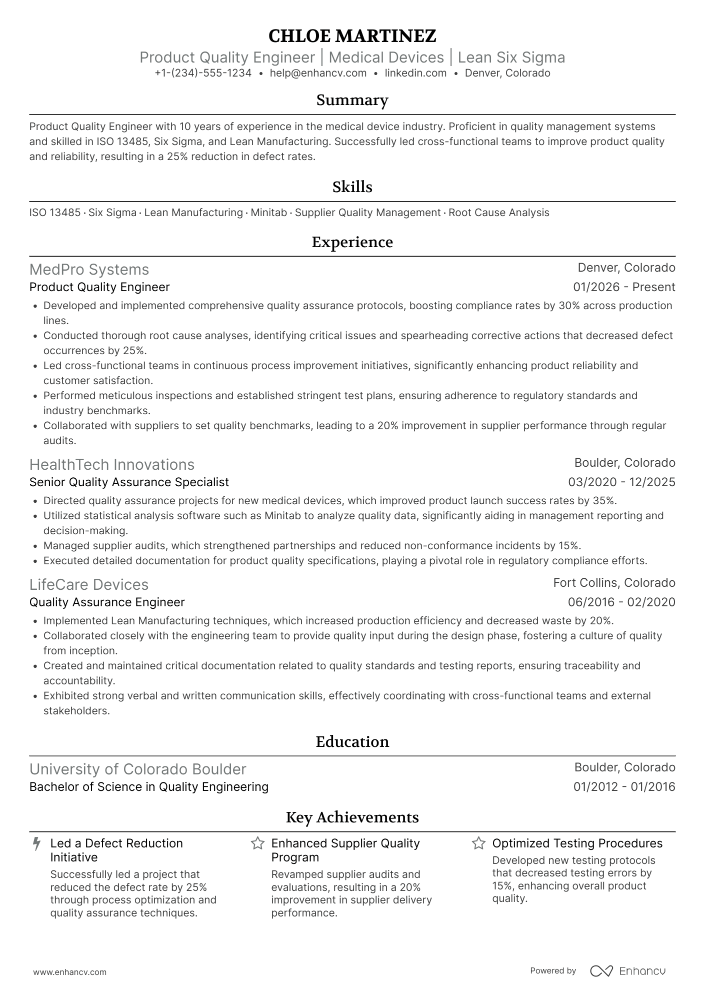 Product Quality Engineer Resume Example