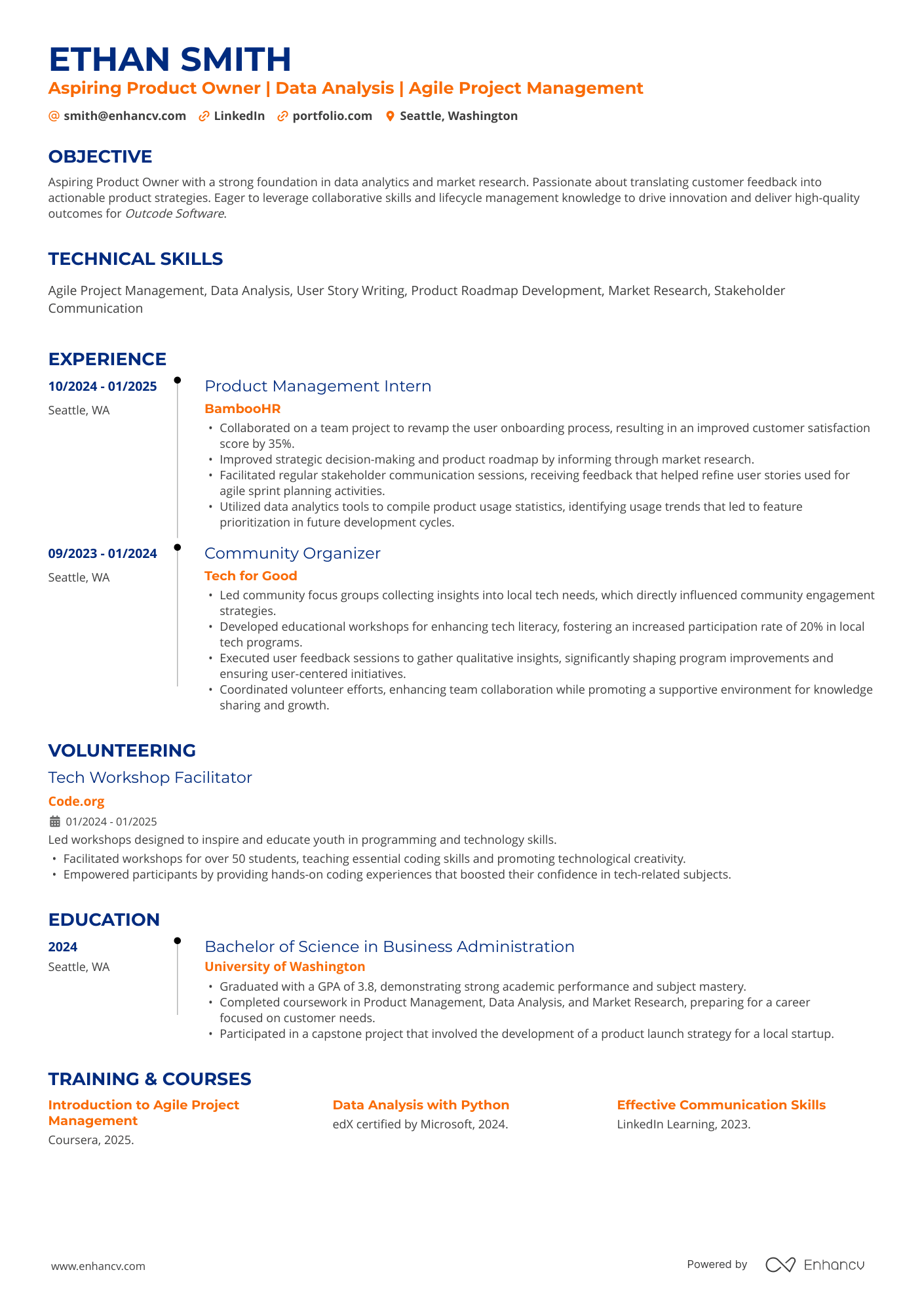 Entry Level Product Owner / Associate Product Owner Resume Example