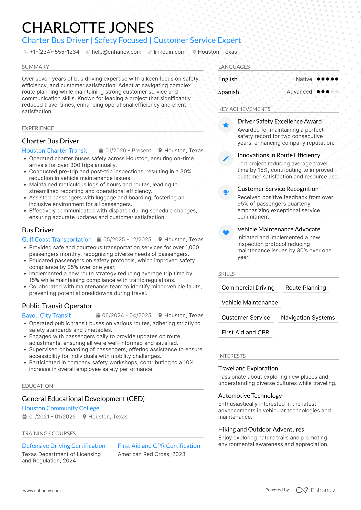 Charter Bus Driver Resume Example