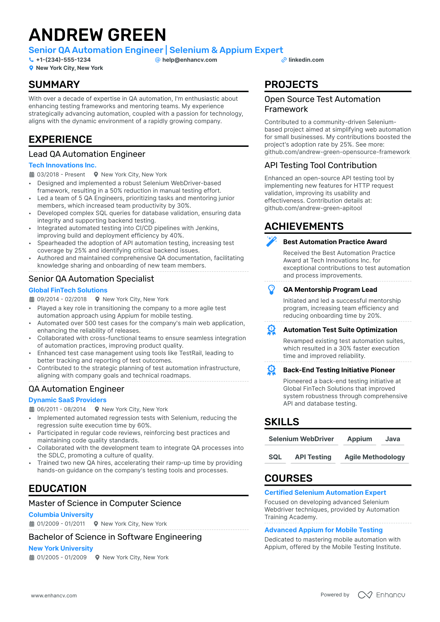QA Automation Resume Example