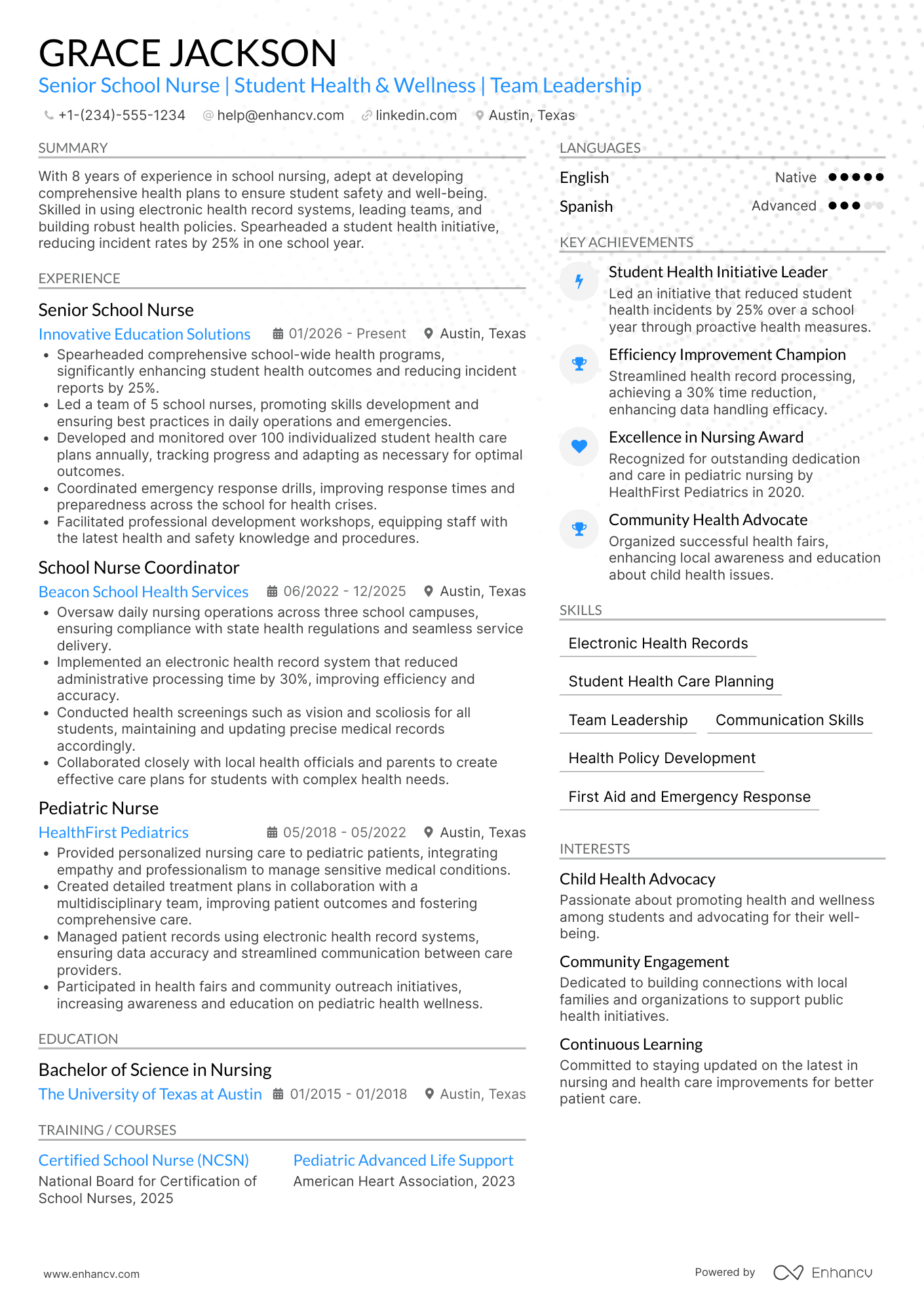 Senior School Nurse Resume Example