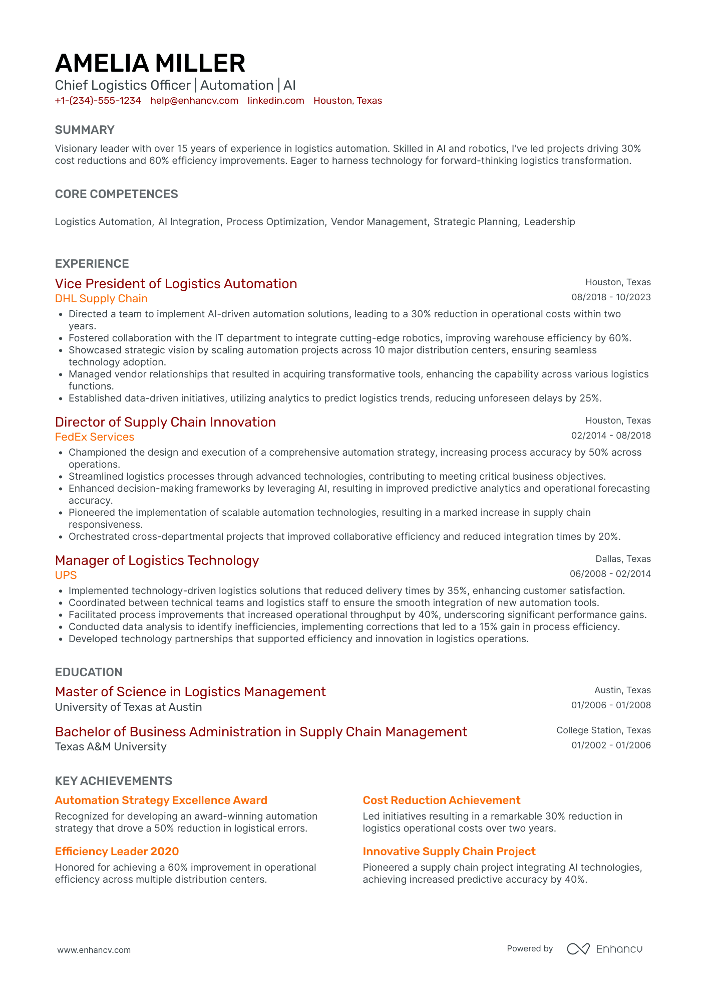 Chief Logistics Officer in Technology Resume Example