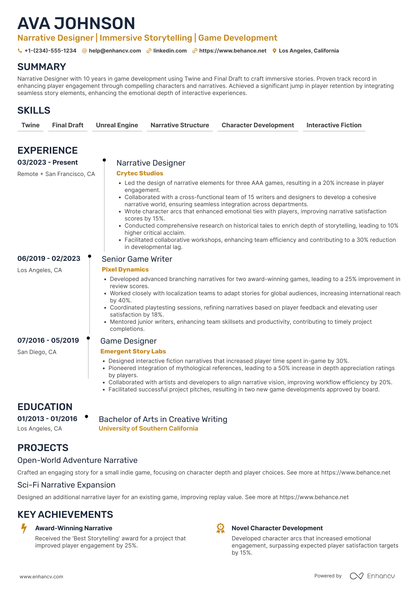 Narrative Designer Resume Example