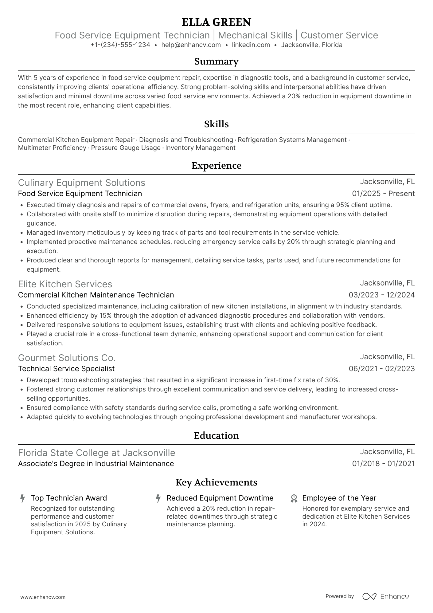 Food Service Equipment Technician Resume Example