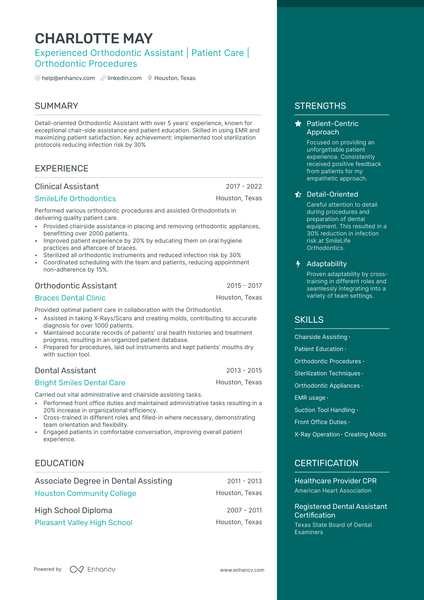 Orthodontic Dental Assistant Resume Example