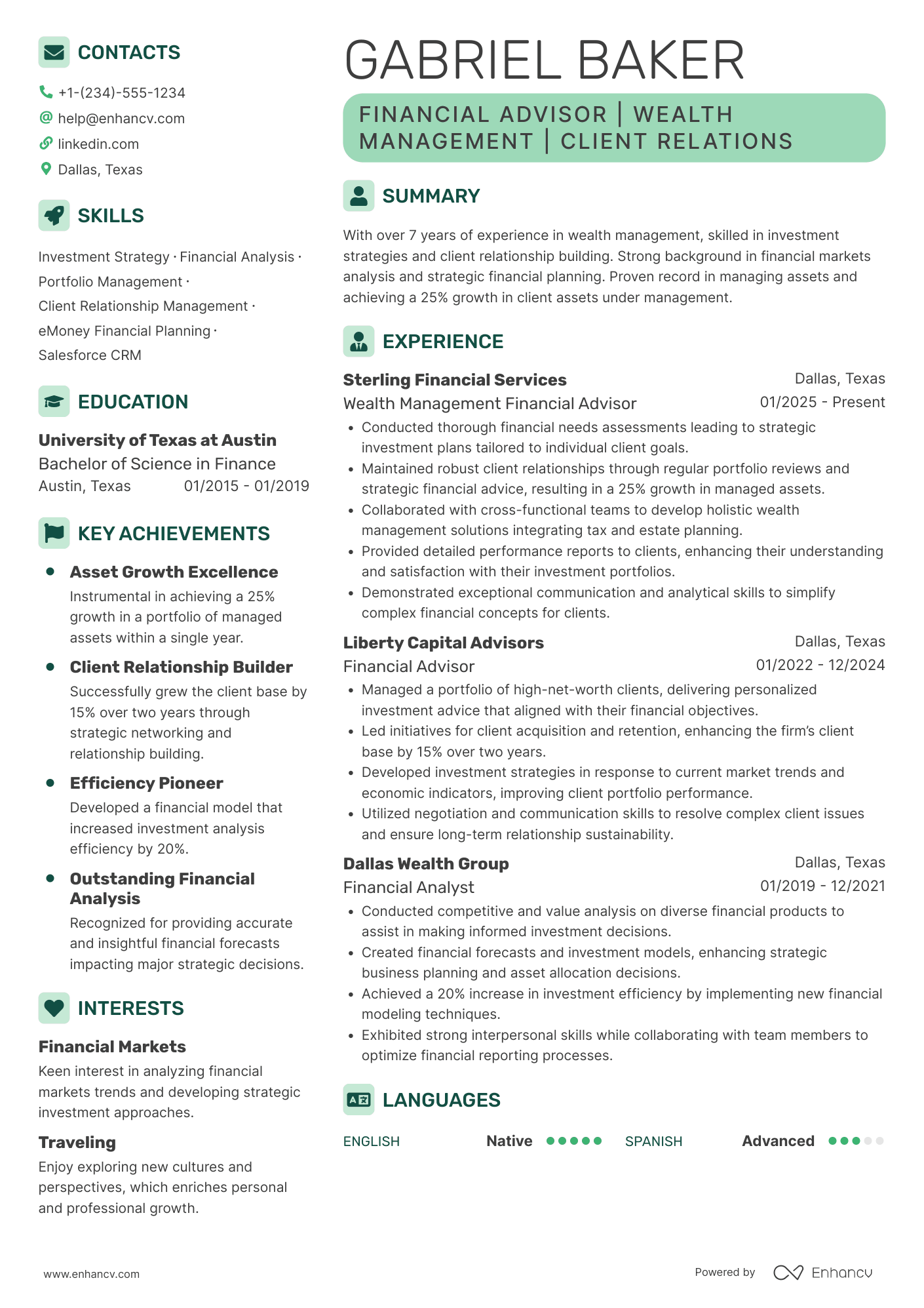 Wealth Management Financial Advisor Resume Example