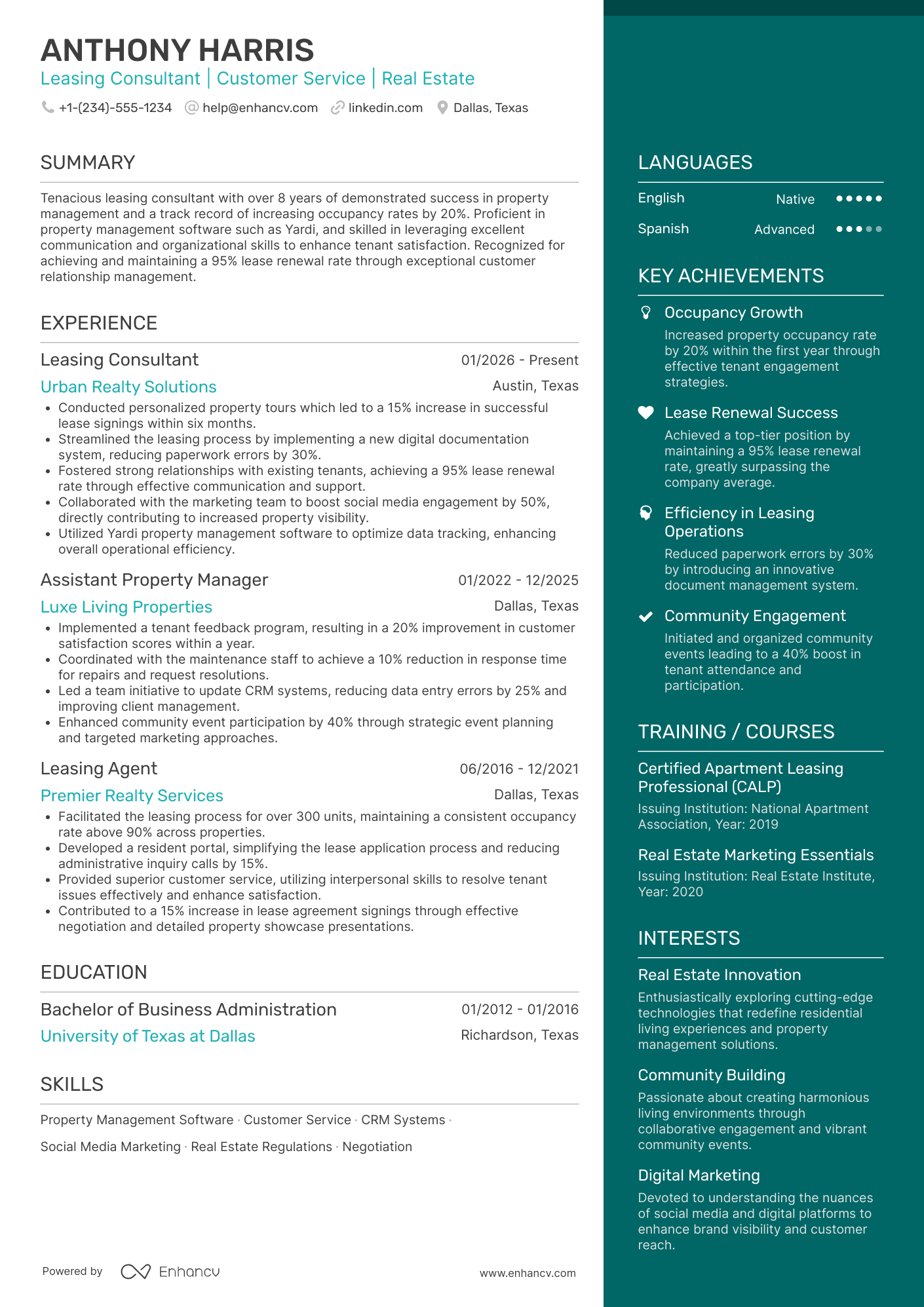 Leasing Consultant Resume Example