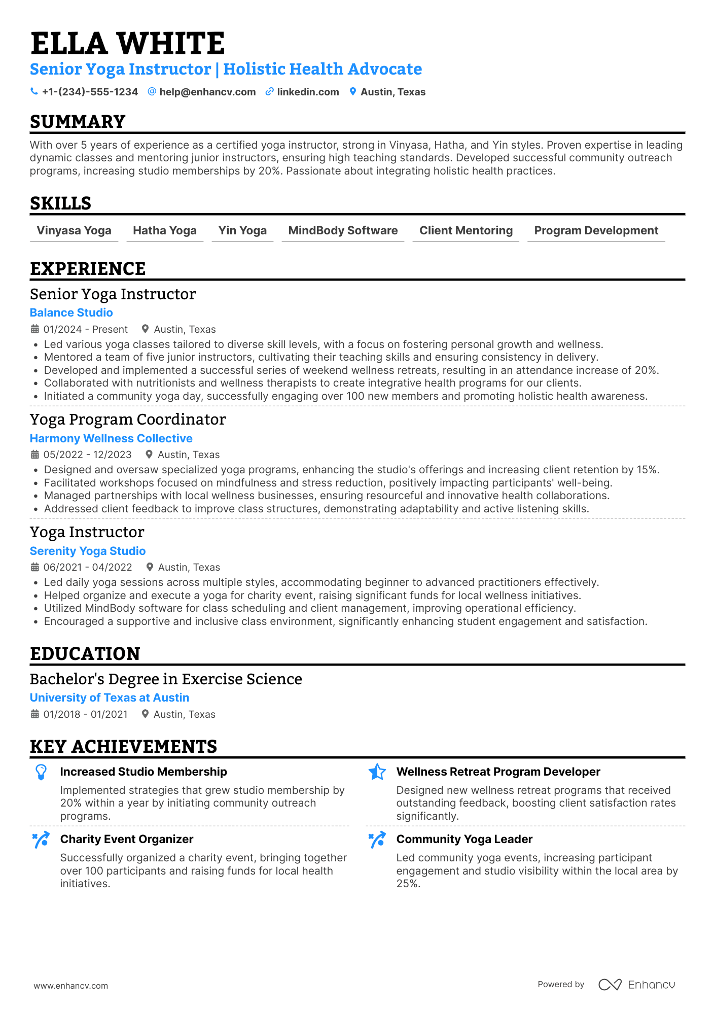 Senior Yoga Instructor Resume Example