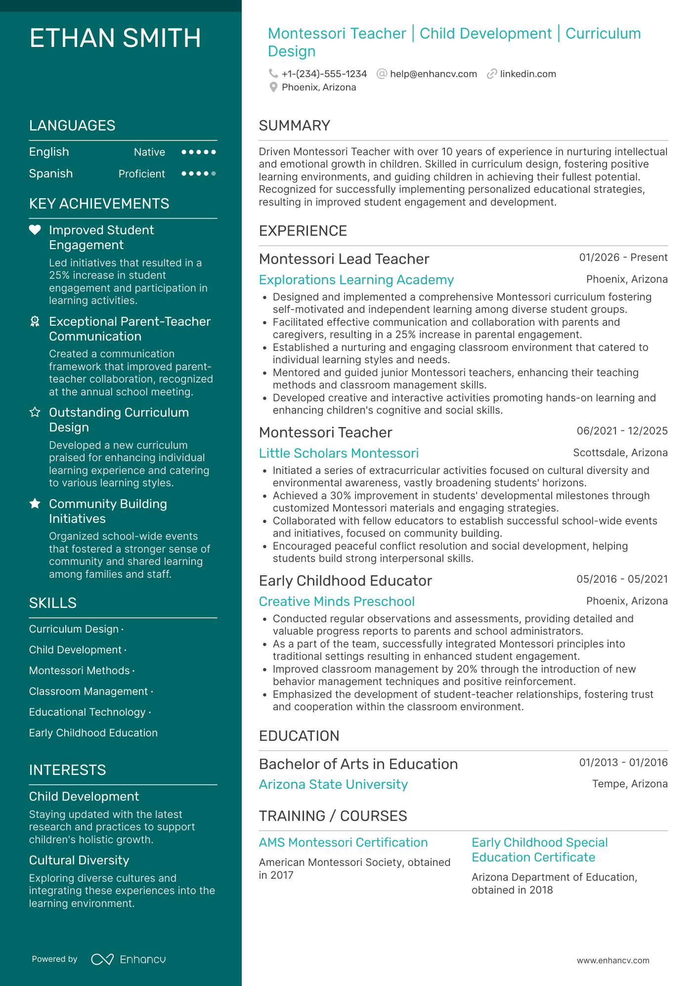 Montessori Teacher Resume Example