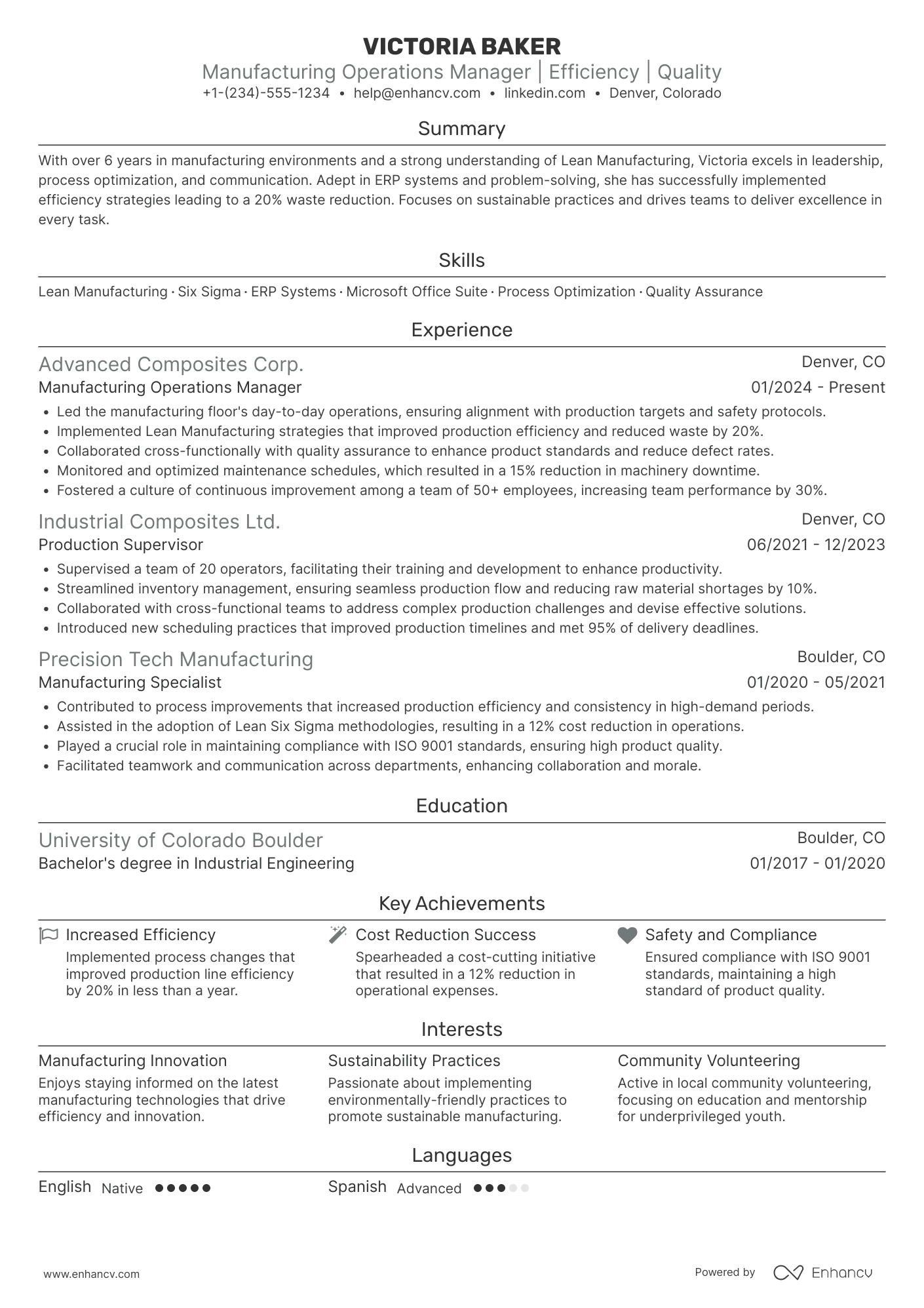 Manufacturing Operations Manager Resume Example