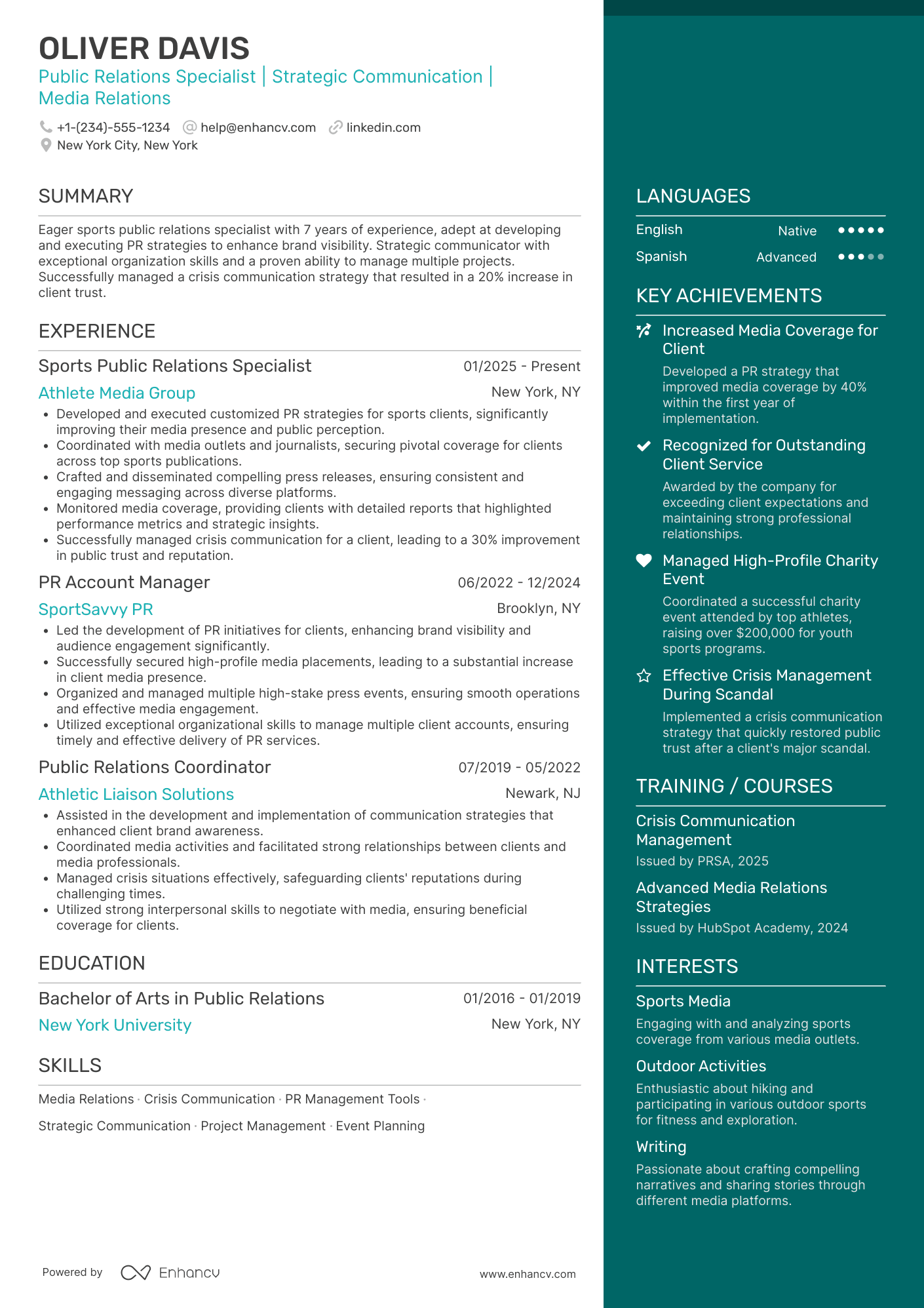 Sports Public Relations Specialist Resume Example