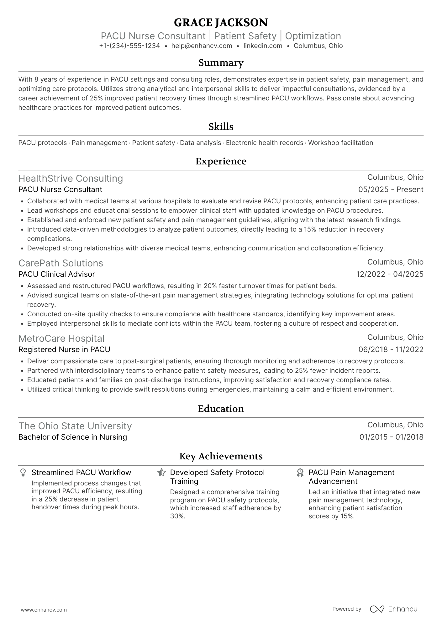 PACU Nurse Consultant Resume Example