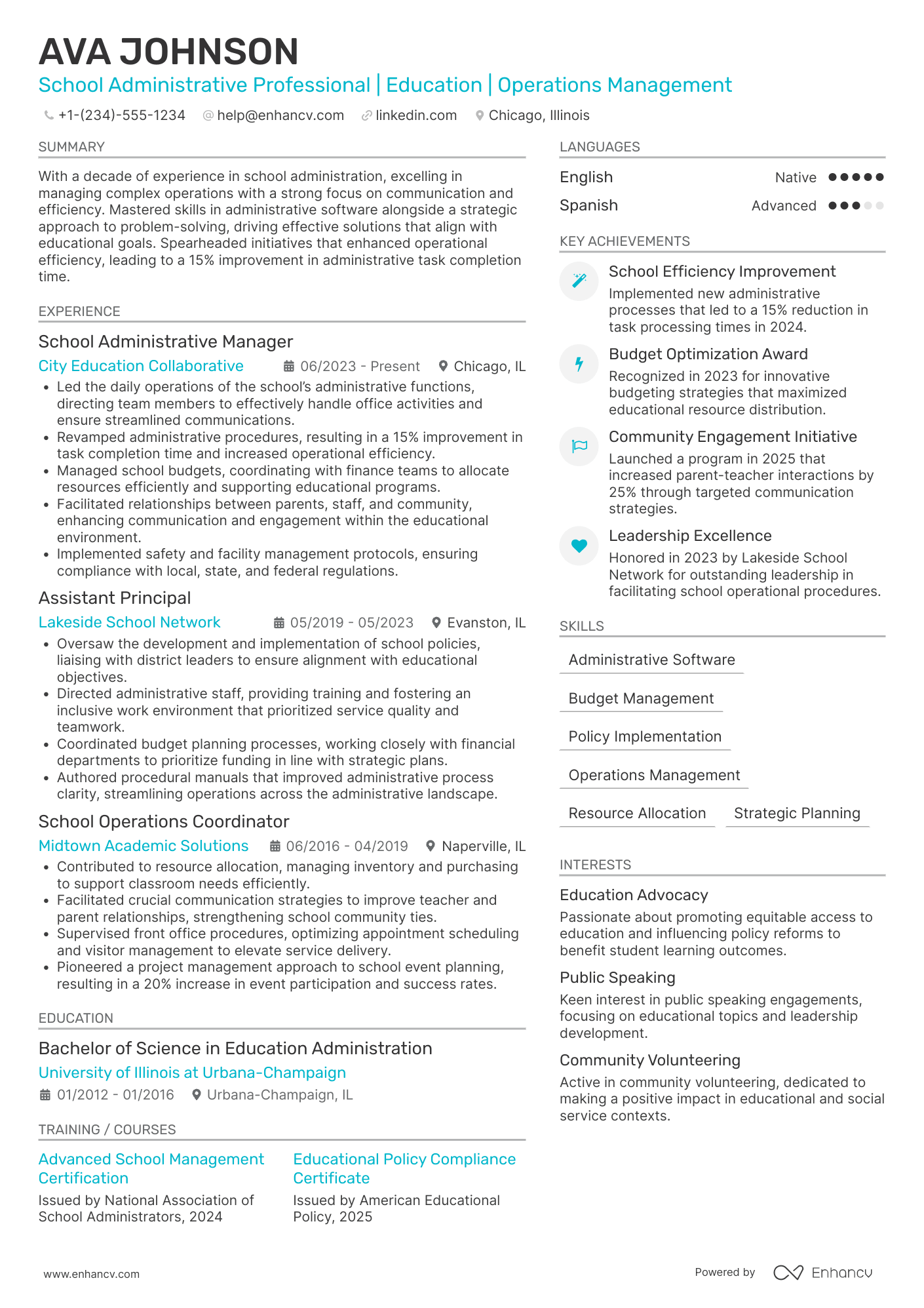 School Administrative Manager Resume Example