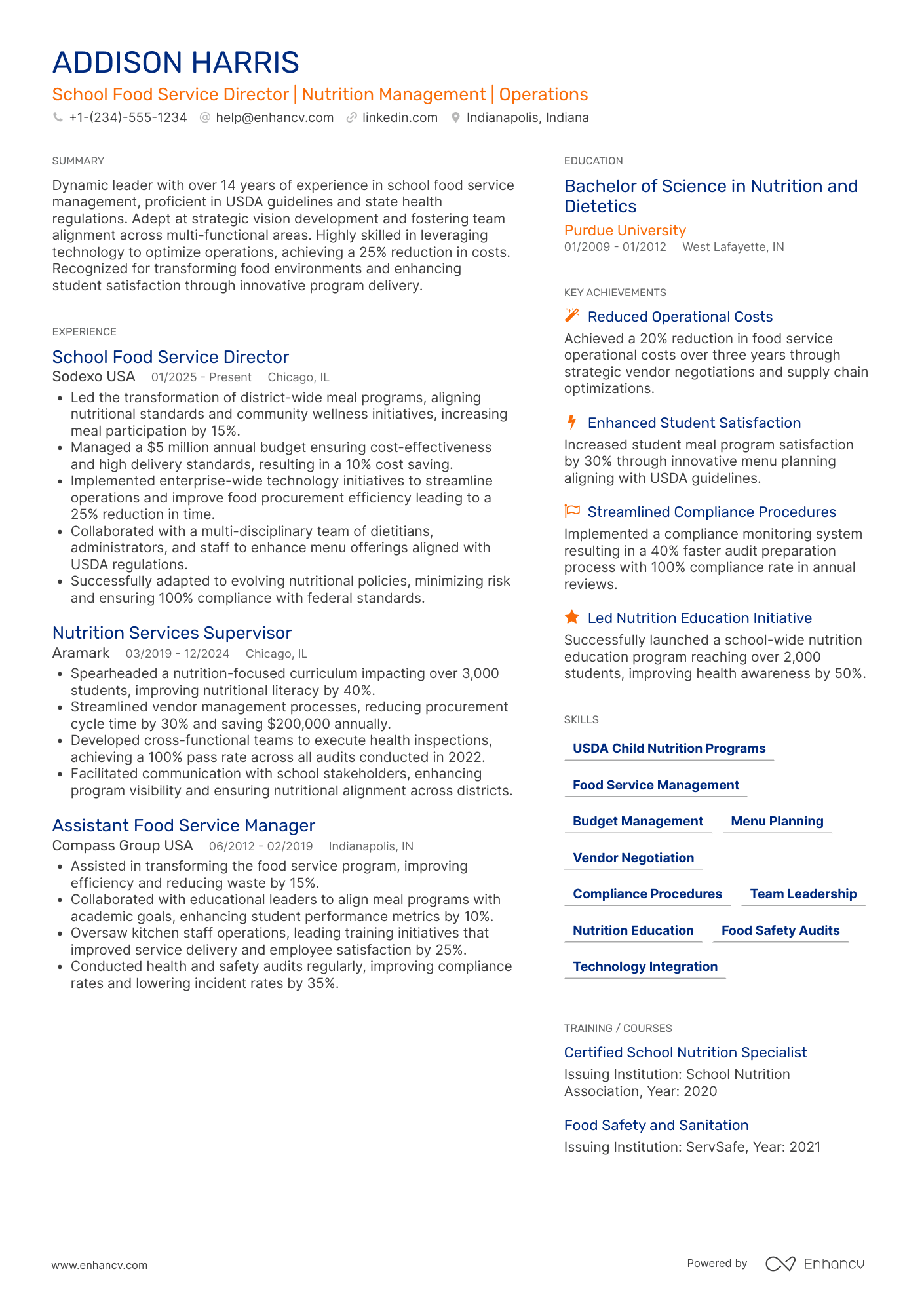 School Food Service Director Resume Example