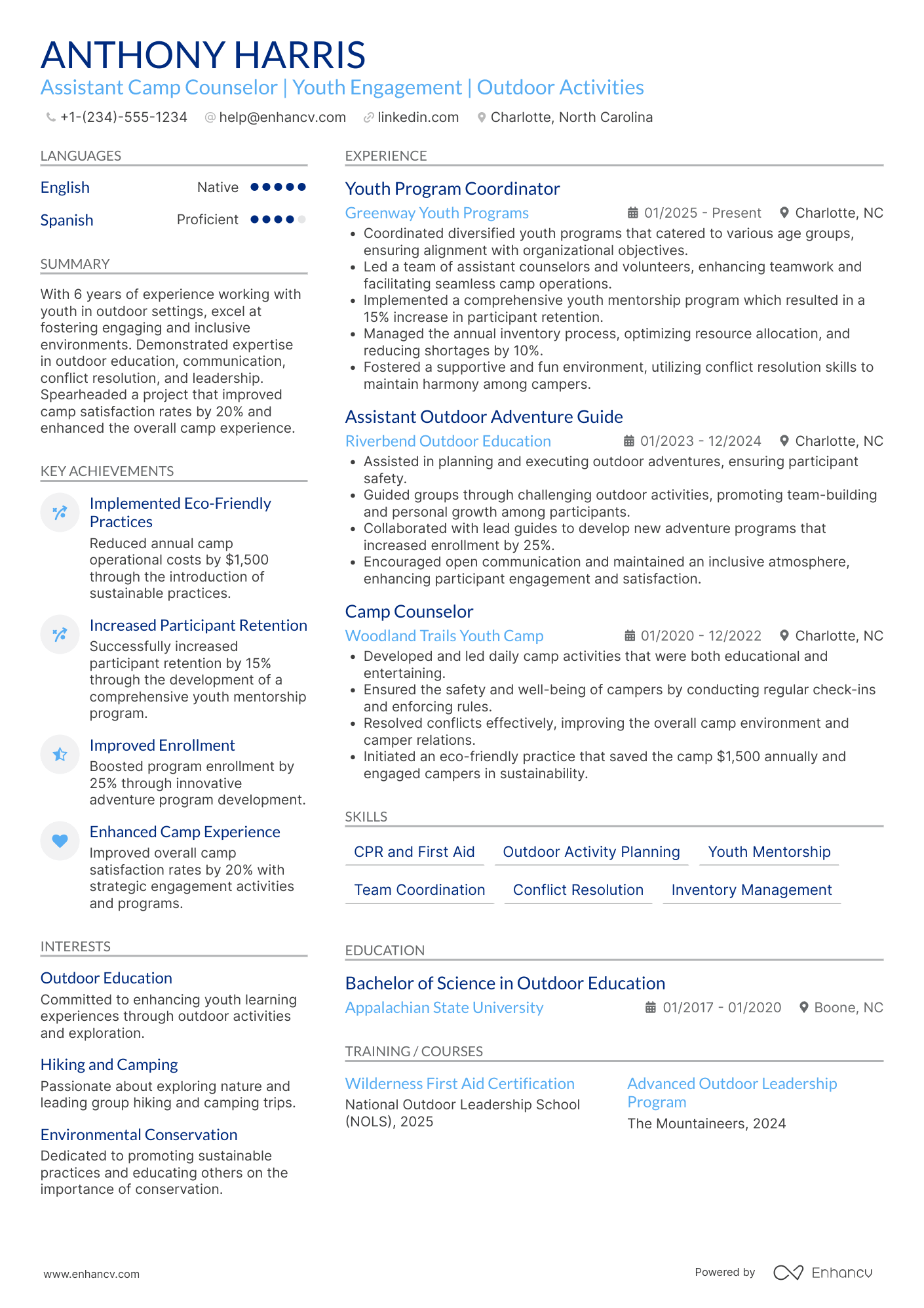 Assistant Camp Counselor Resume Example