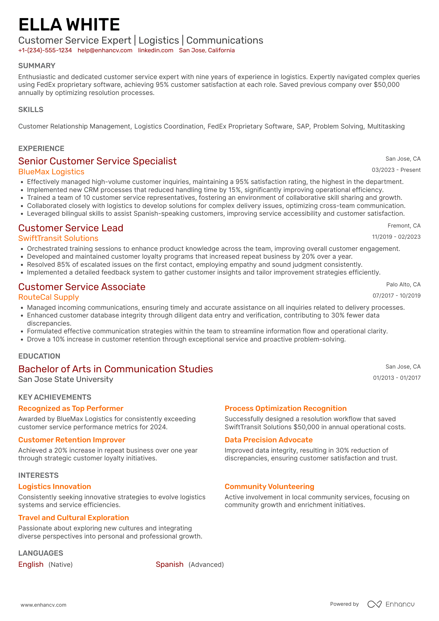 FedEx Customer Service Representative Resume Example