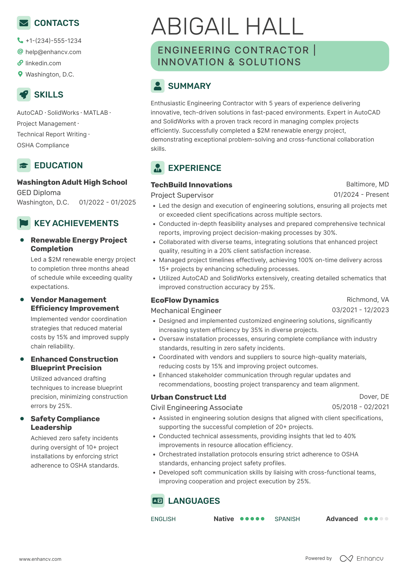 Engineering Contractor Resume Example
