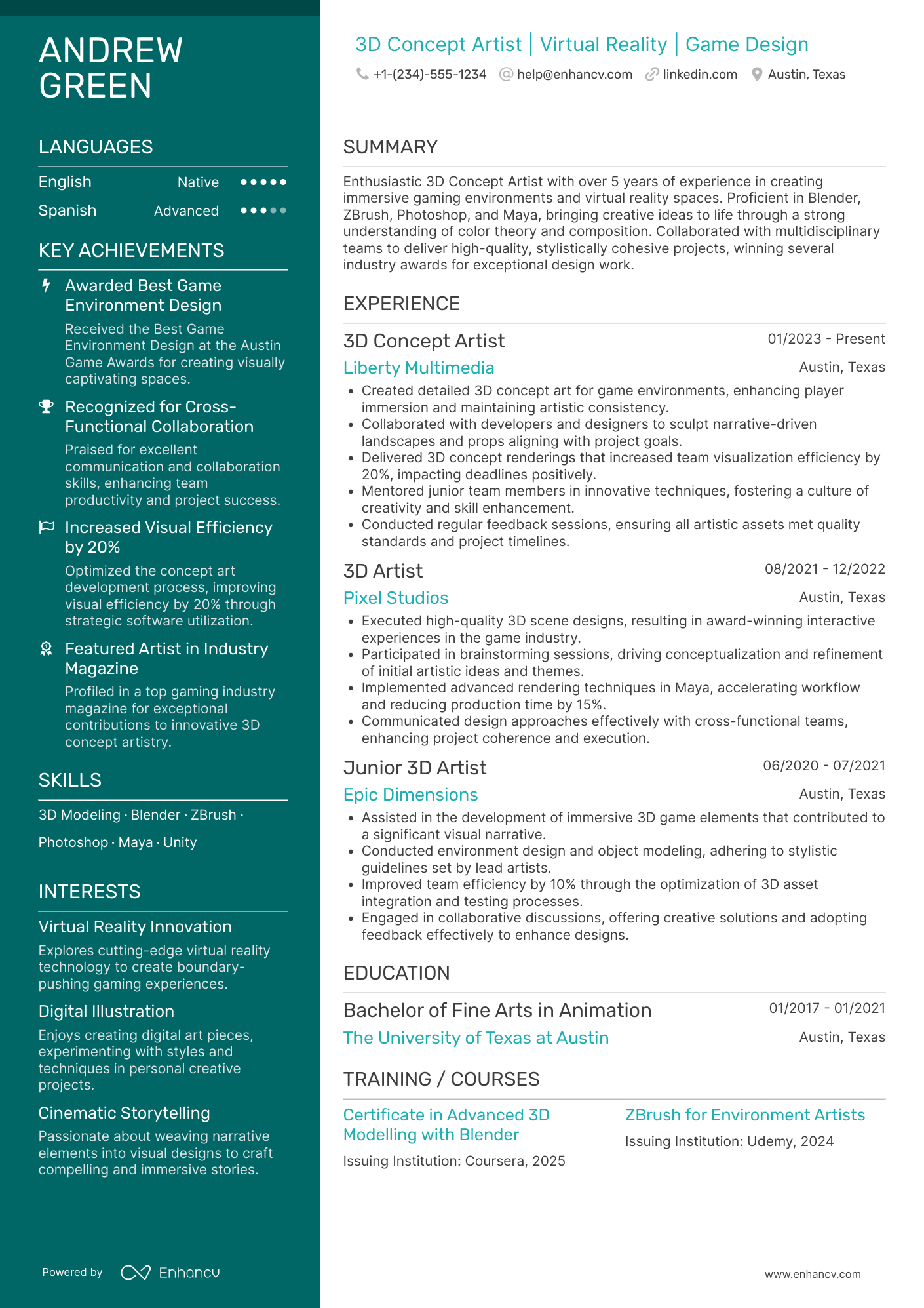 3D Concept Artist Resume Example