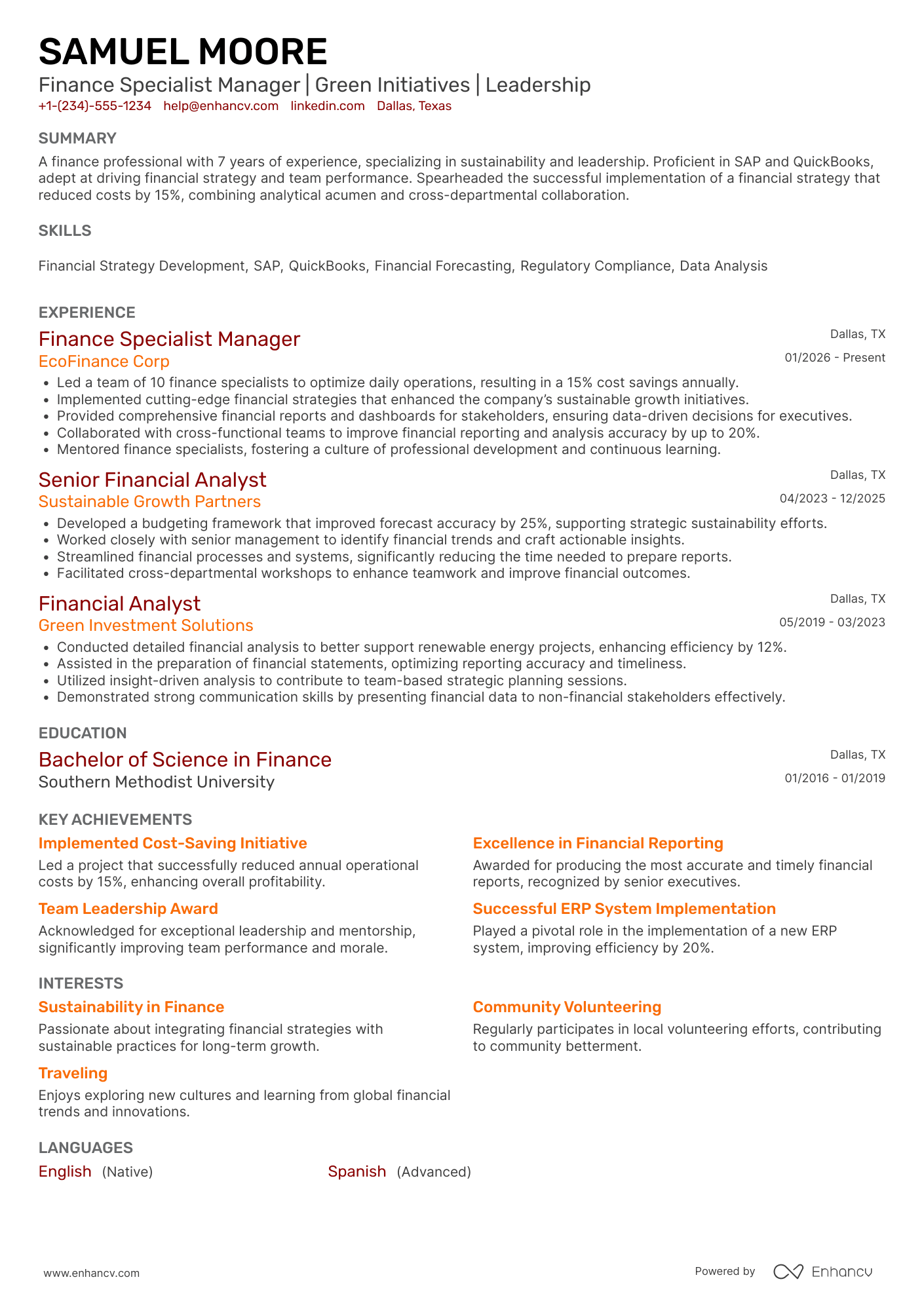 Finance Specialist Manager Resume Example