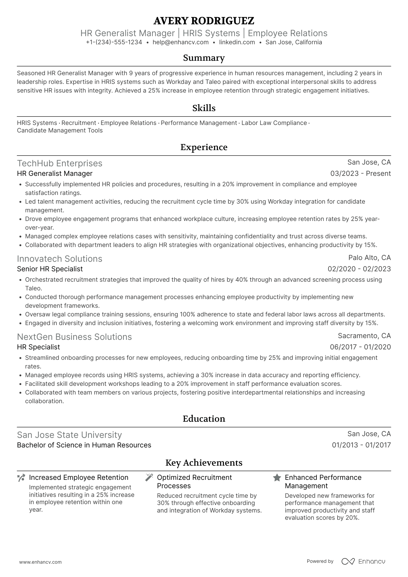 HR Generalist Manager Resume Example