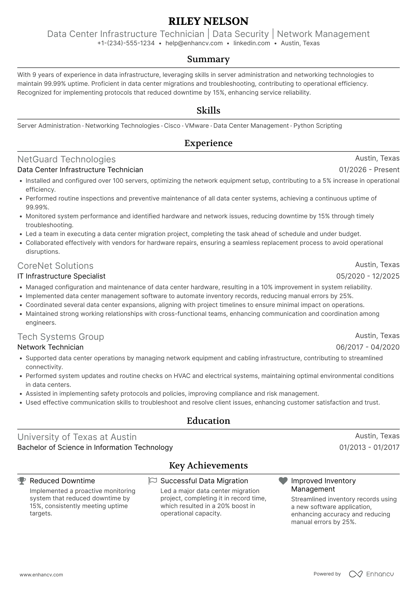 Data Center Infrastructure Technician Resume Example