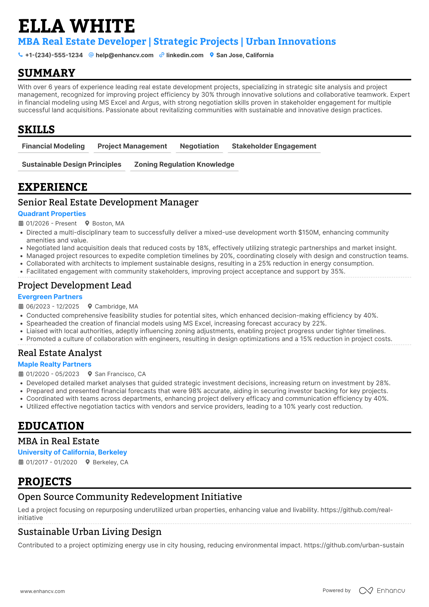 MBA Real Estate Developer Resume Example