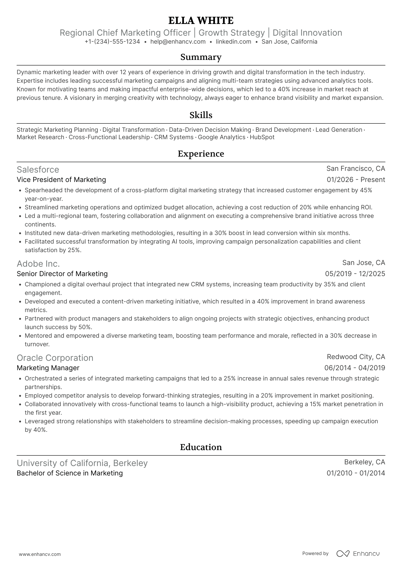 Regional Chief Marketing Officer Resume Example