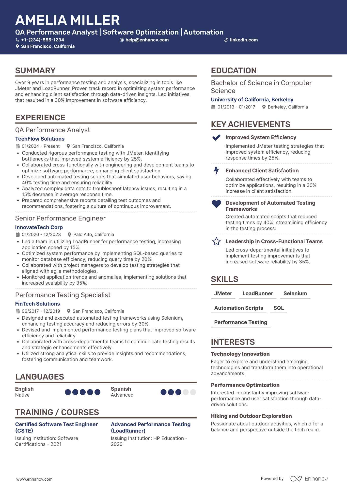 QA Performance Analyst Resume Example